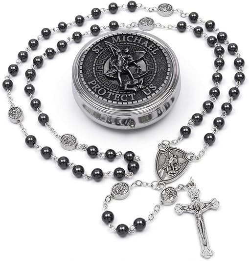 Hematite Rosary Necklace St Michael Archangel Medal Crucifix with Metal Gift Box