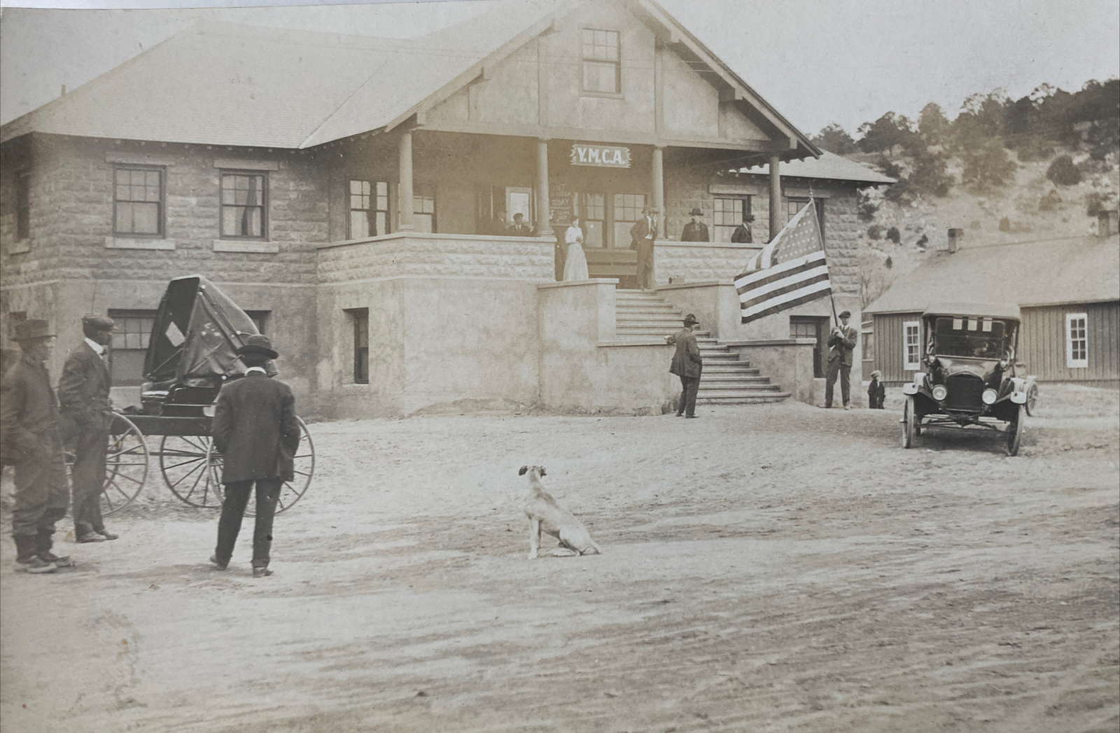 YMCA Parade RPPC 1918 WWI Old West American Flag Old Car Real Photo Postcard