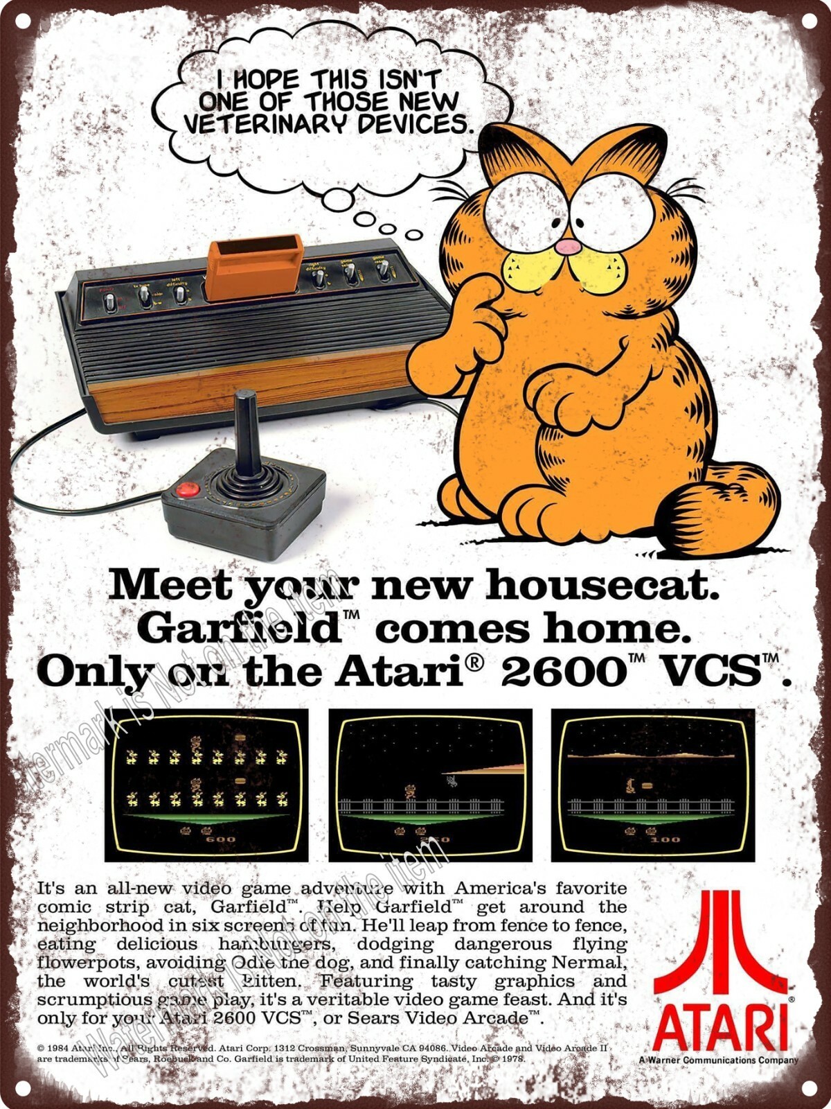 Atari 2600 Gaming system Garfield ad Metal Sign 9x12