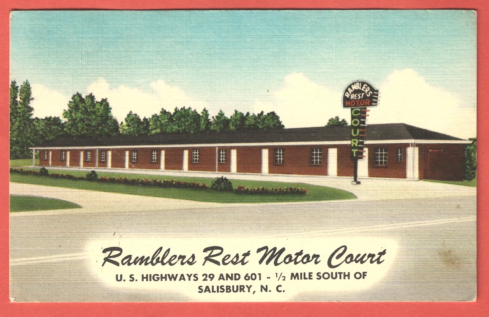 RAMBLERS REST MOTOR COURT, SALISBURY, NORTH CAROLINA - 1940s Linen Postcard