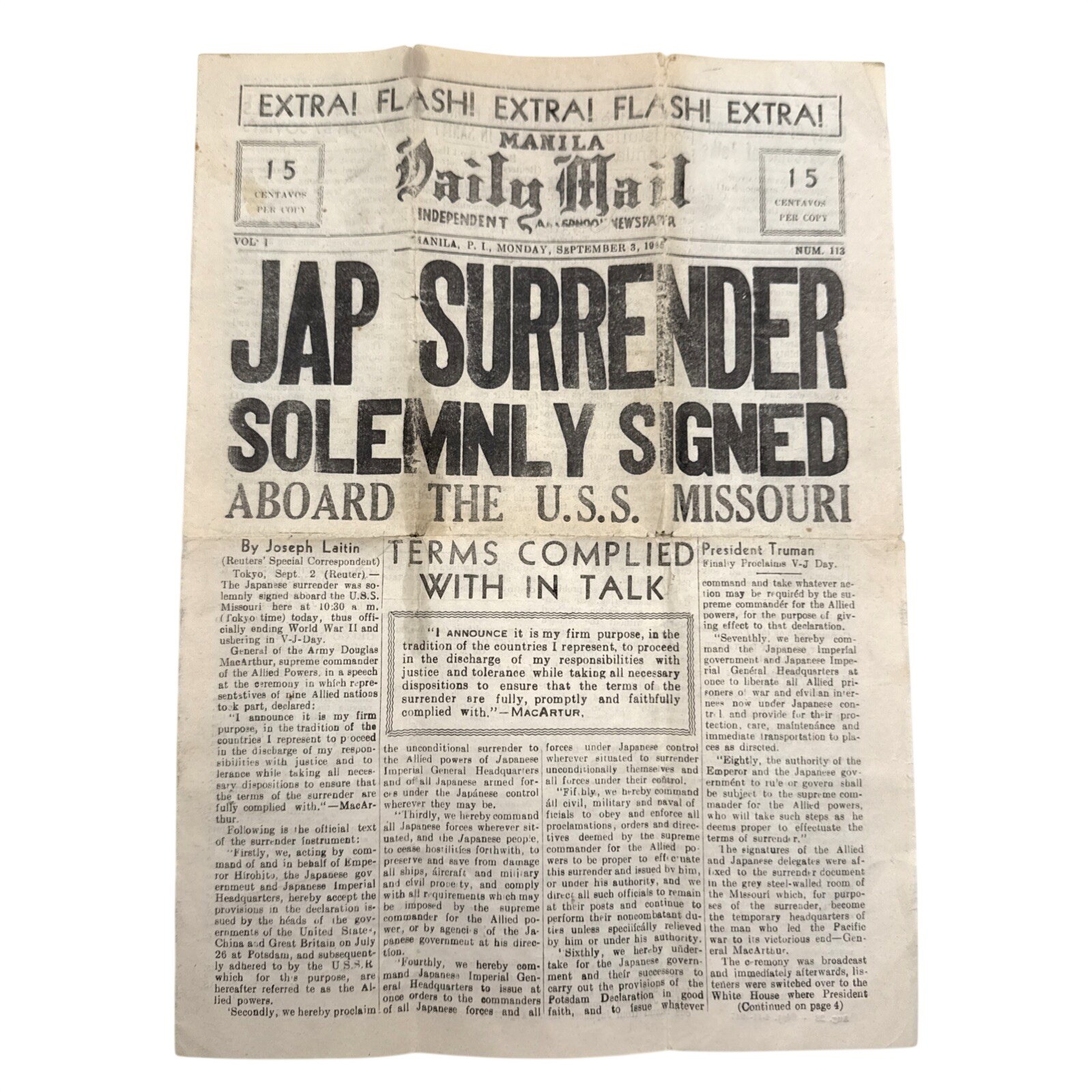 1945 Manila Daily Mail Japan Surrender USS Missouri Yamashita WWII Newspaper 