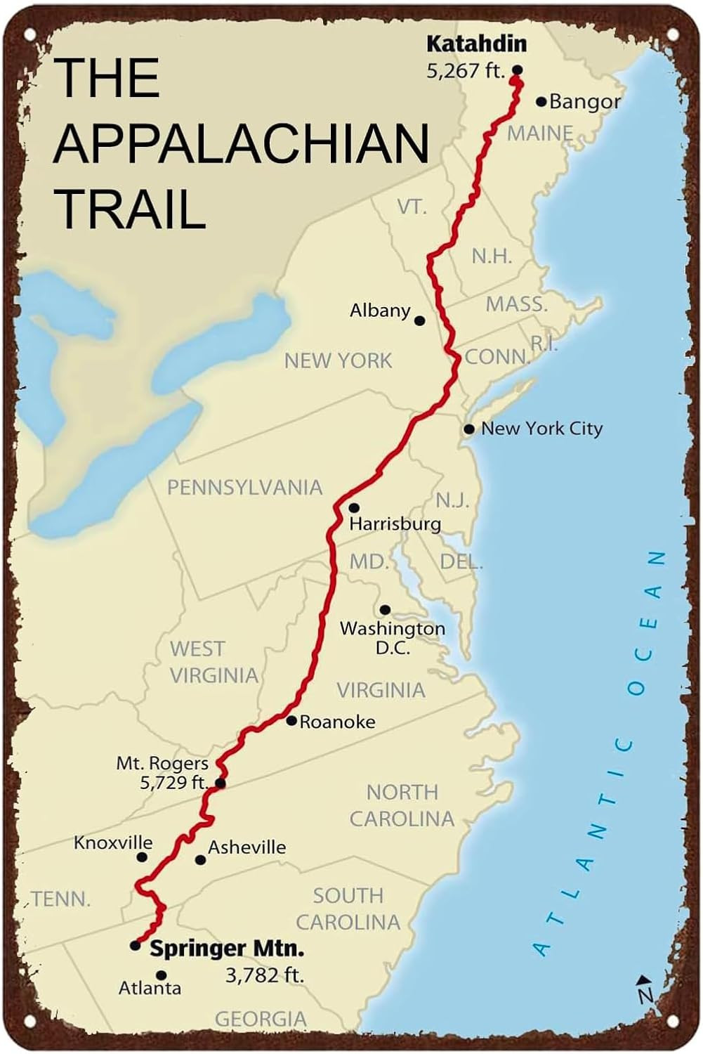 The Appalachian Trail Map Vintage Metal Signs,Hiking Decor Retro Tin Plaque Adve