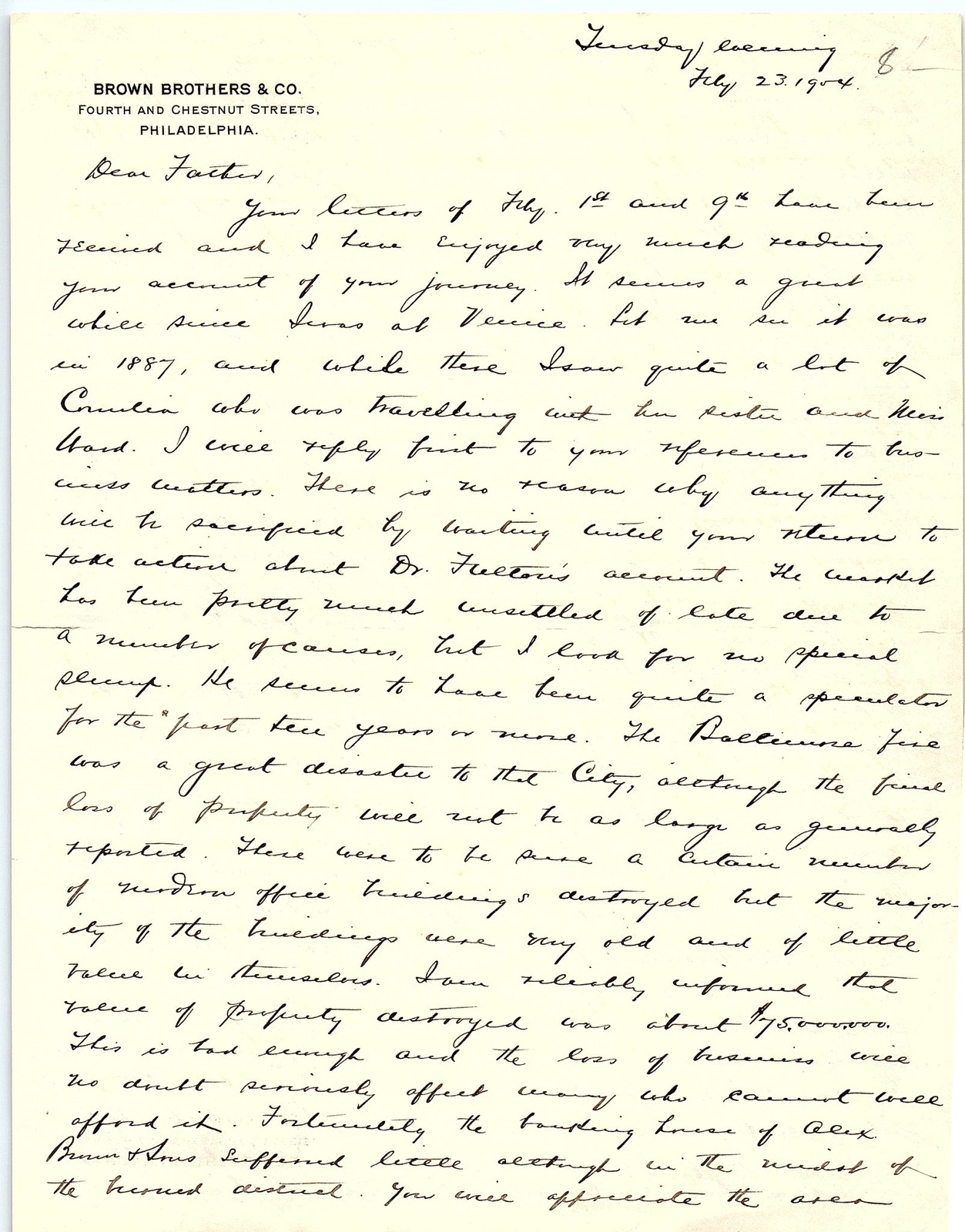 1904 Brown Bros & Co letter re Baltimore fire & Rus-Jap War