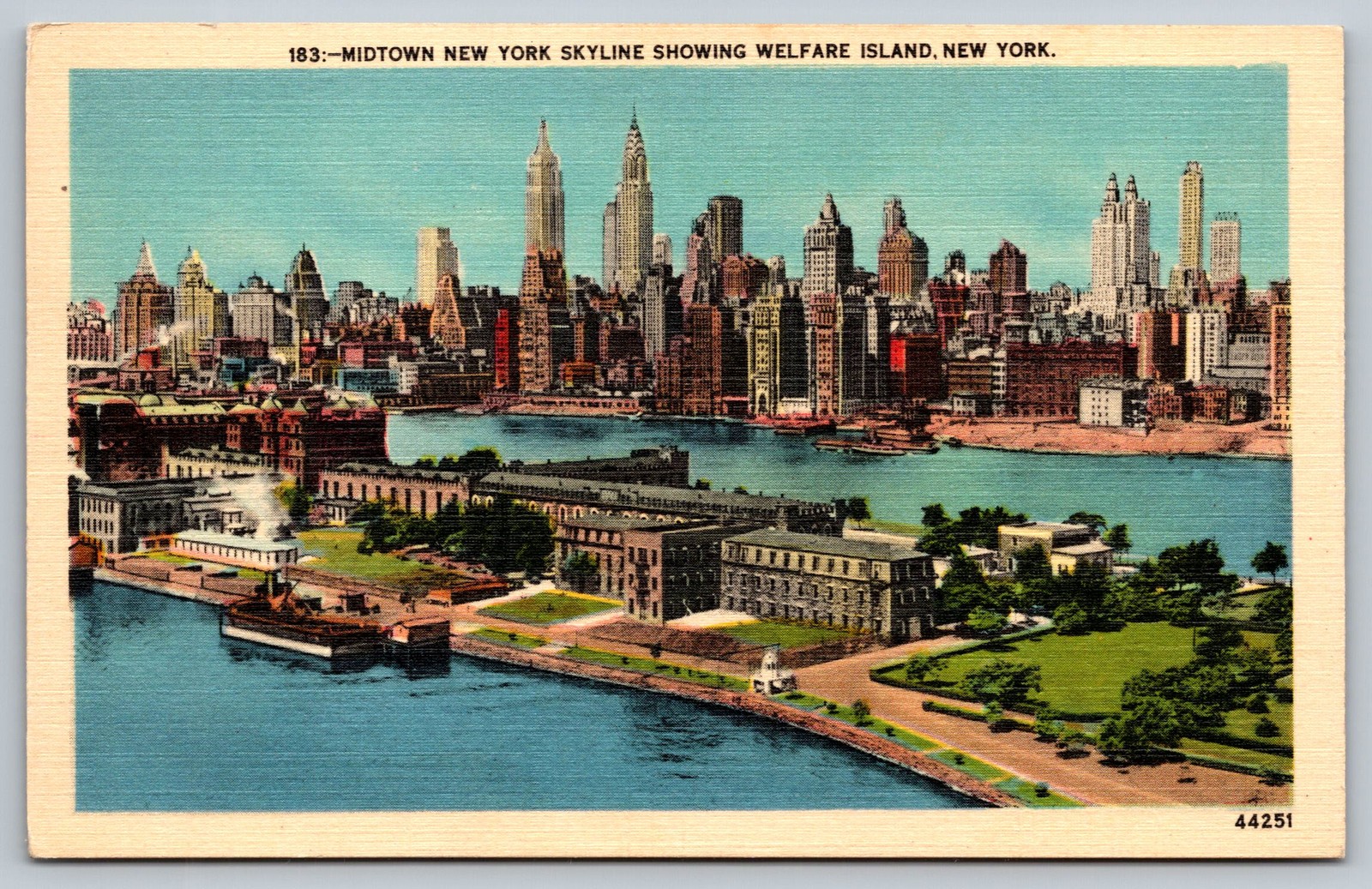 Vintage Midtown New York Skyline Postcard with Welfare Island View NYC