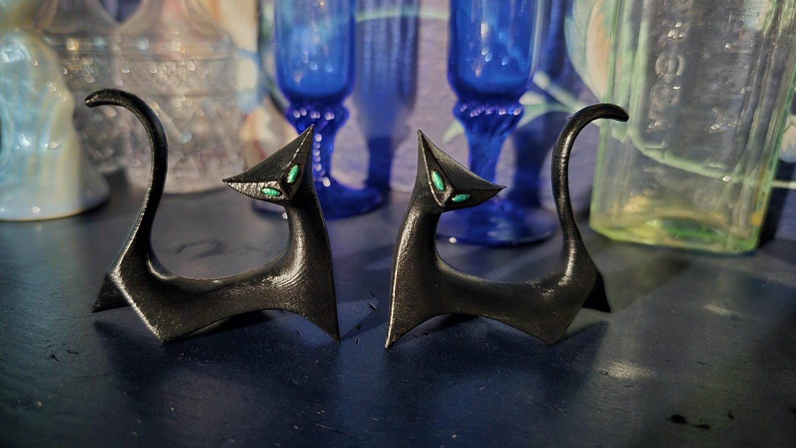 Retro Handmade Modern Cubist Atomic Black Cat Pair Green Eyes 2.5\