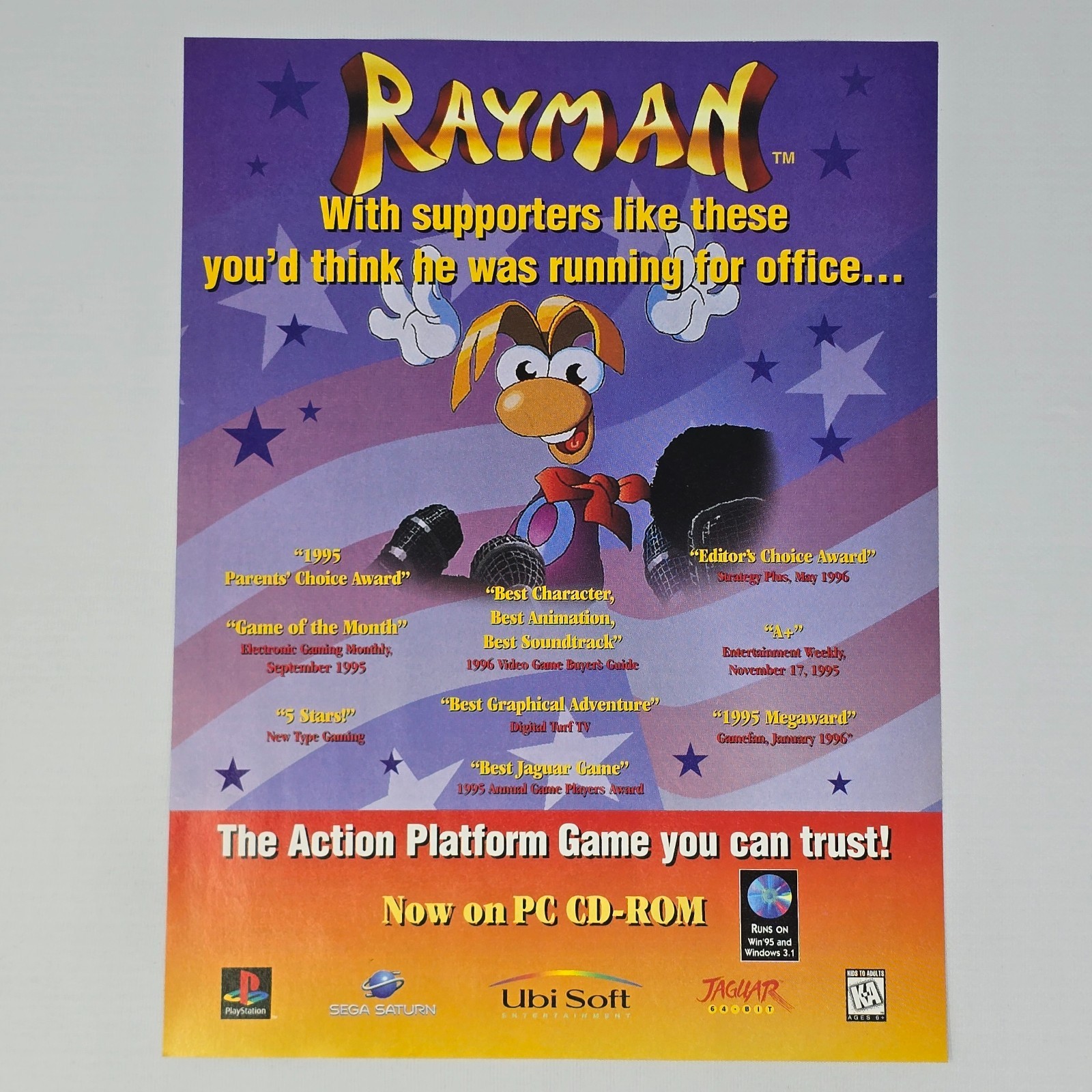 Rayman PlayStation 1 PS1 Sega Saturn PC Supporters Print Ad/Poster