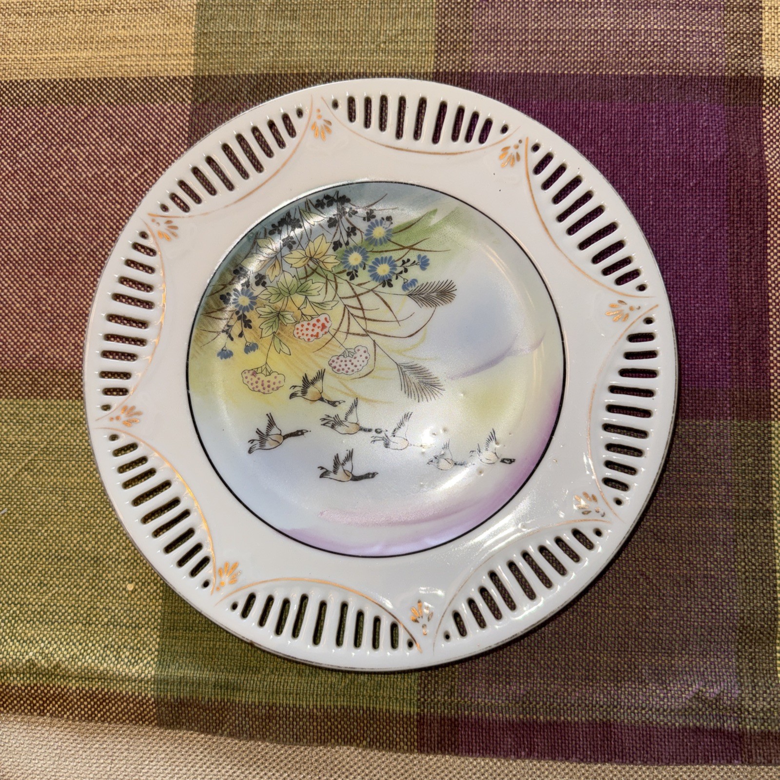 Vintage Japanese Porcelain Reticulated Plate Hand Painted Flying Birds & Flowers