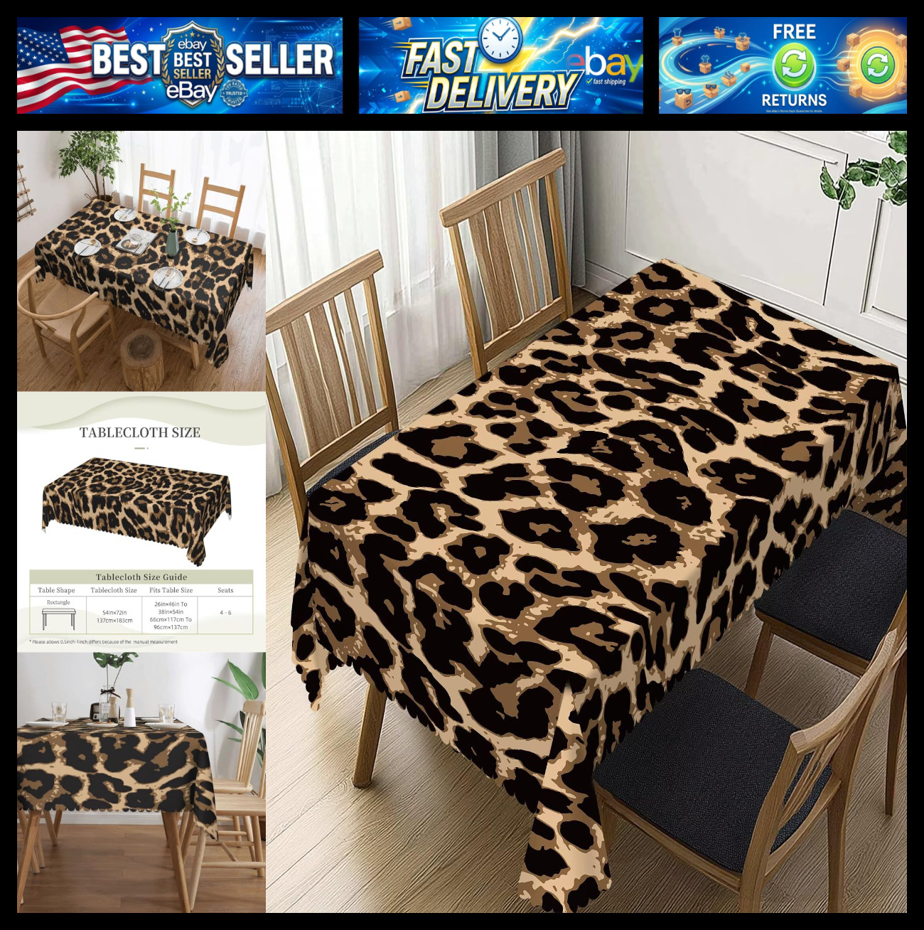 Black Brown Leopard Print Rectangle Tablecloth Cheetah Leopard Skin Table Cloth