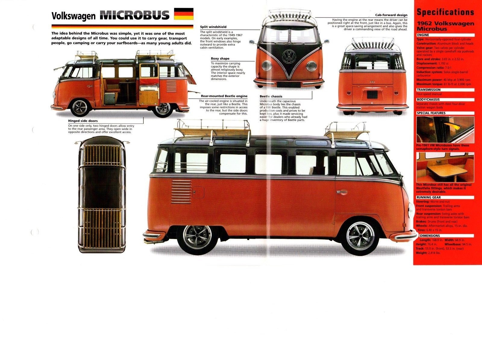 1962 VOLKSWAGEN VW MICROBUS SPEC SHEET/Brochure/Catalog
