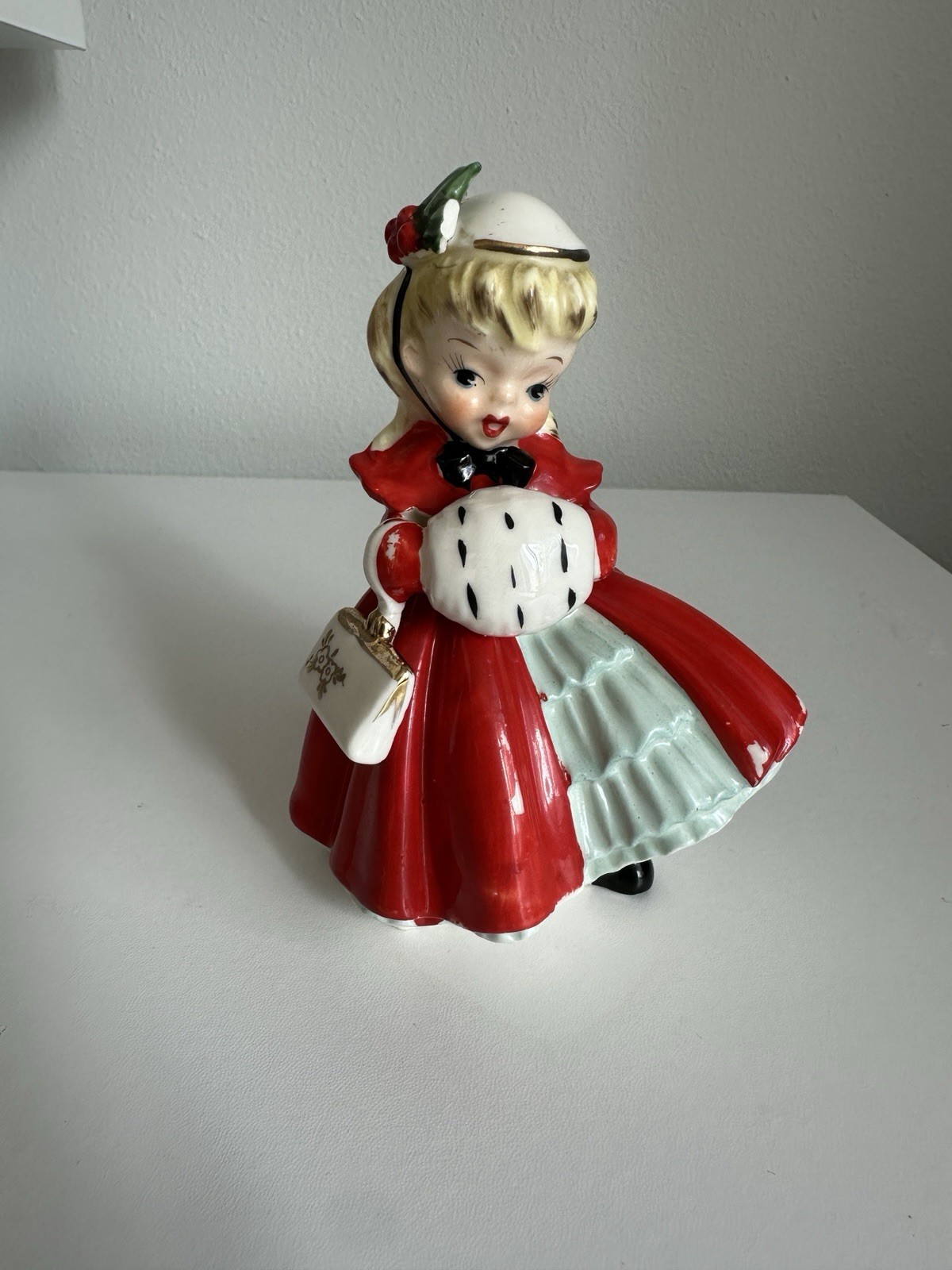 NAPCO Vintage Caroler Figurine 1956 Blonde Girl Muff & Purse Red Dress- Darling