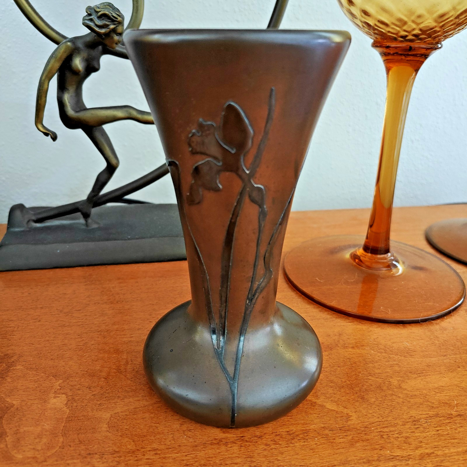 Heintz Metal Arts Sterling Silver on Bronze Iris Motif Vase 6.75 