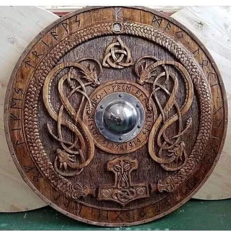 24'' Medieval Wooden Norse Carving Round Viking Shield Celtic Ornament Battle
