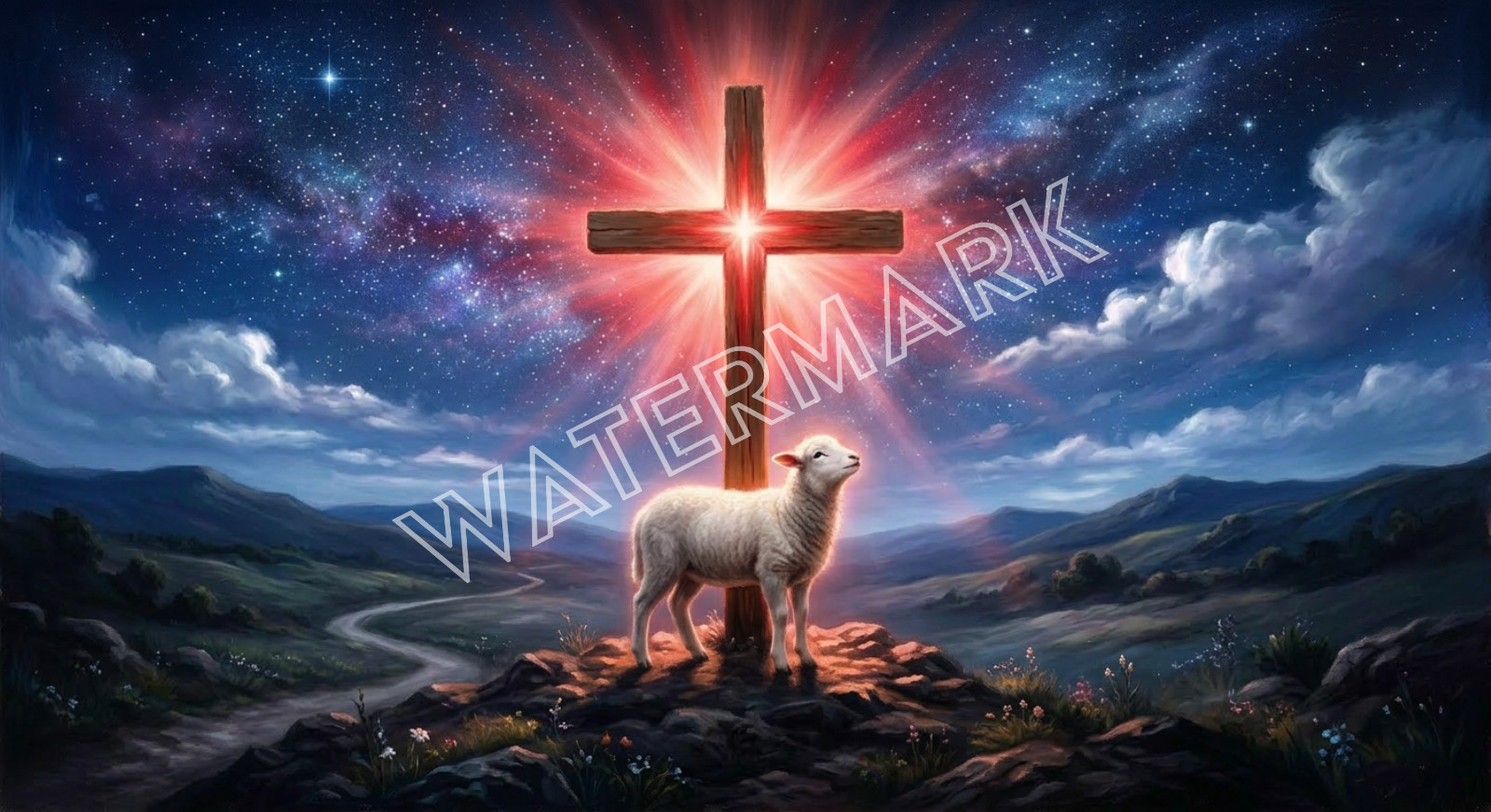 Premium Lamb and Cross and Night Sky Artwork Digital Image Photo Wallpaper