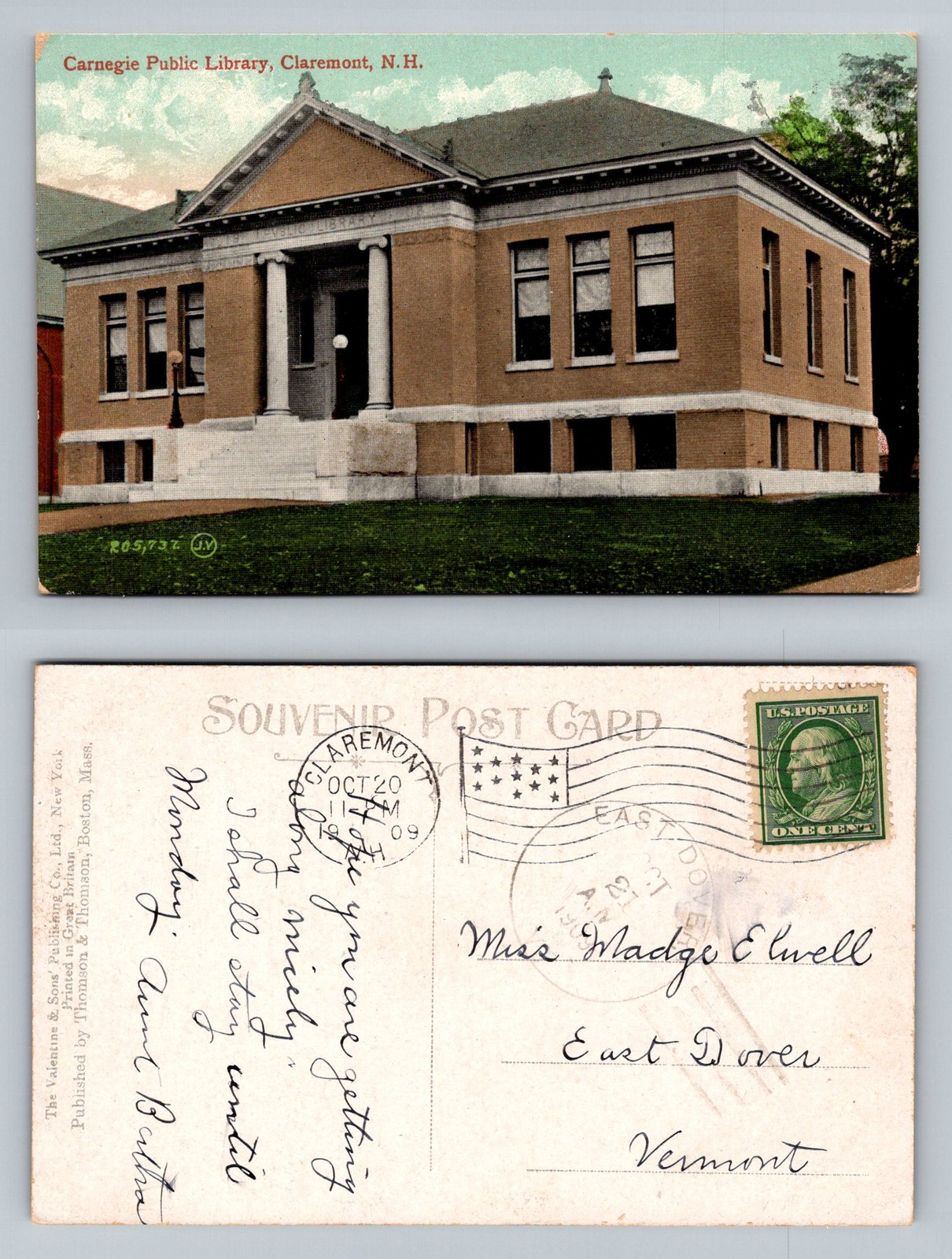 Claremont, NH-New Hampshire, Carnegie Public Library Bldg Vintage c1909 Postcard