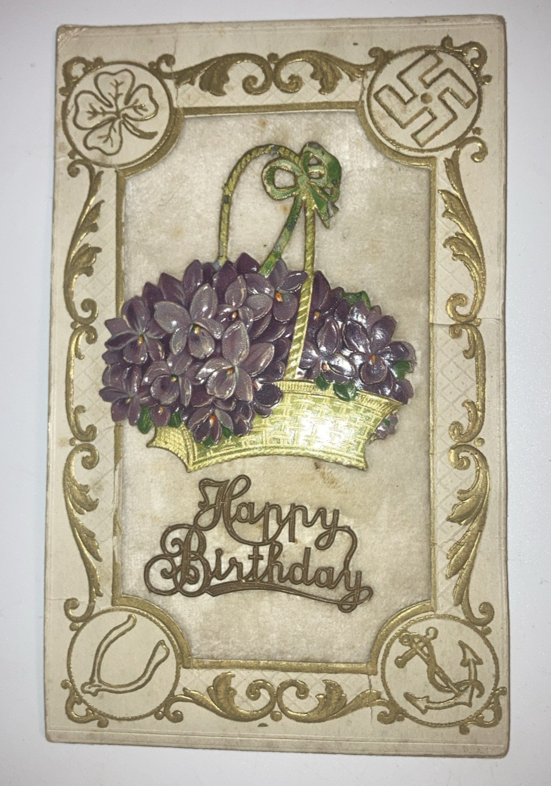 ANTIQUE Birthday POSTCARD PLUSH SACHET SERIES PURPLE RAISED Basket Violet