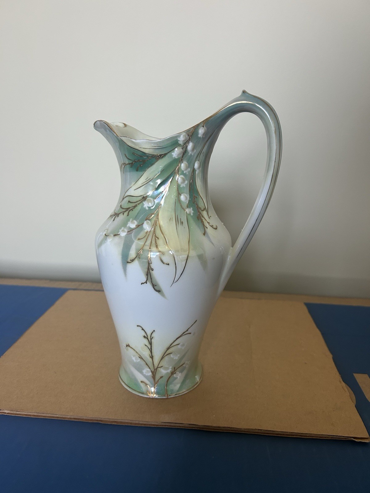 Art Nouveau Porcelain Ewer Pitcher Hand Painted Floral Gold Trim Unmarked
