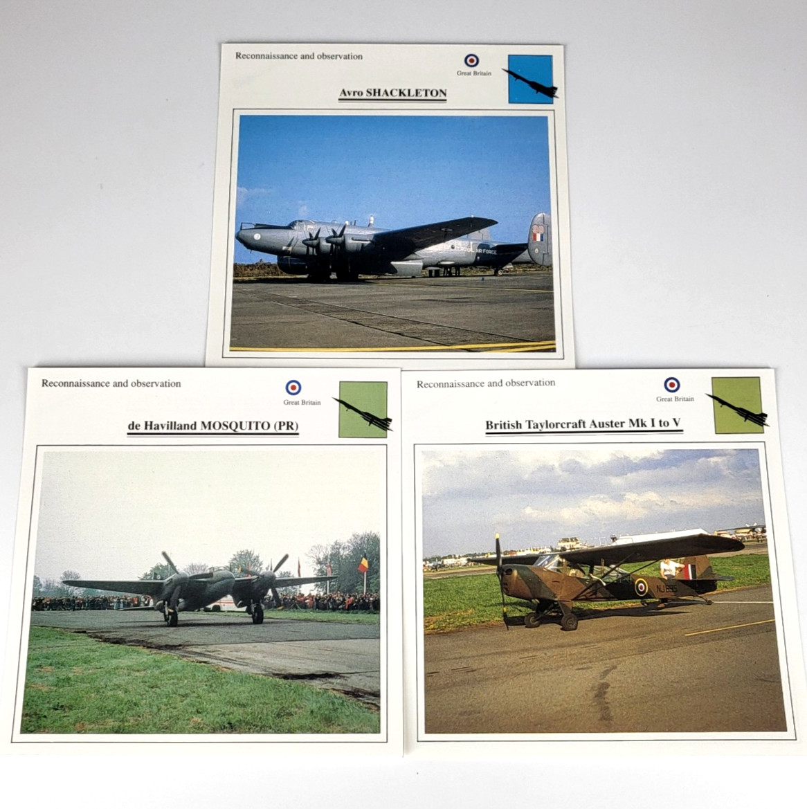 3 Edito Service Cards - RAF Recon - WWII - Cold War - Mosquito Auster Shackleton