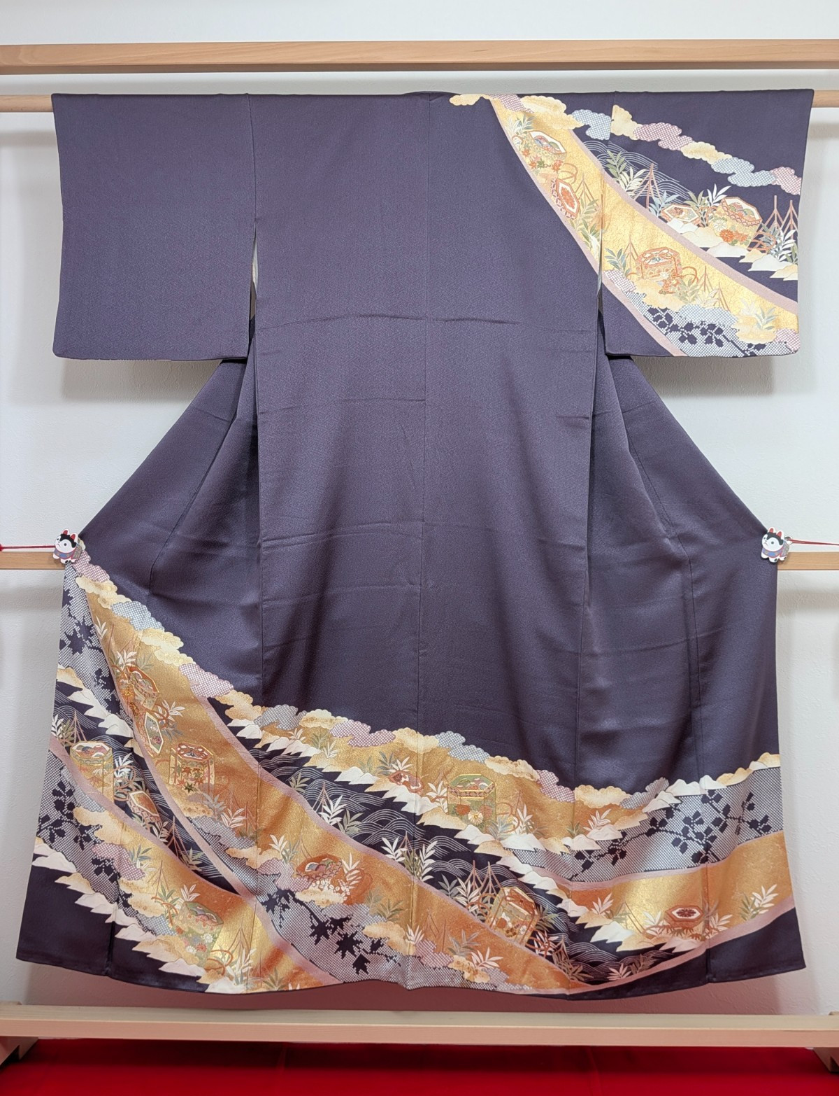 Vintage Japanese Kimono Silk Homongi Deep Purple Gold Floral & Shell Boxes