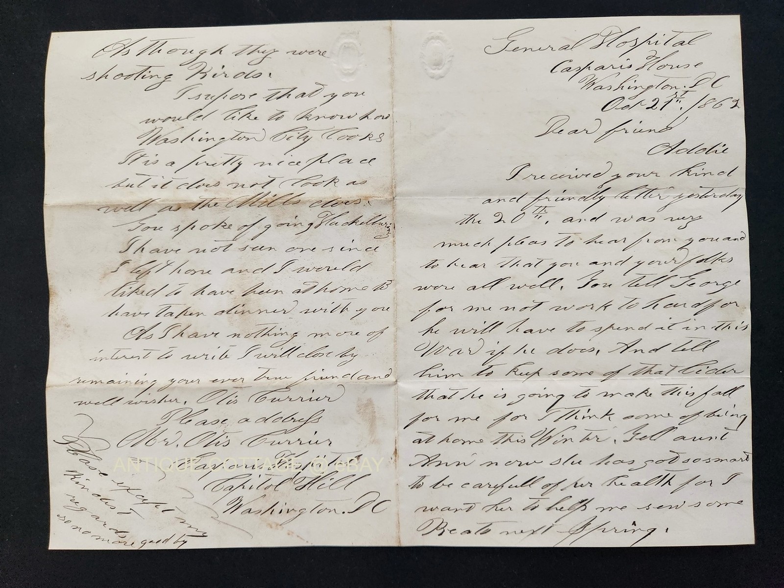 1862 antique CIVIL WAR soldier LETTER hospital WASH DC OTIS CURRIER Bull Run +