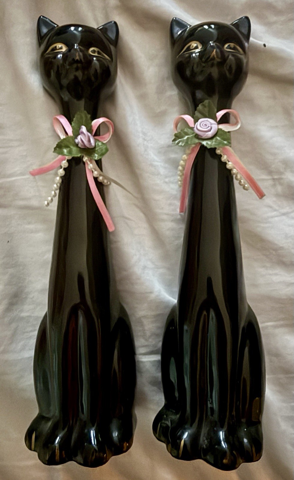 Vintage Pair 2 King BLACK CATS Ceramic Long Neck Bows MCM Siamese Cat Figurines