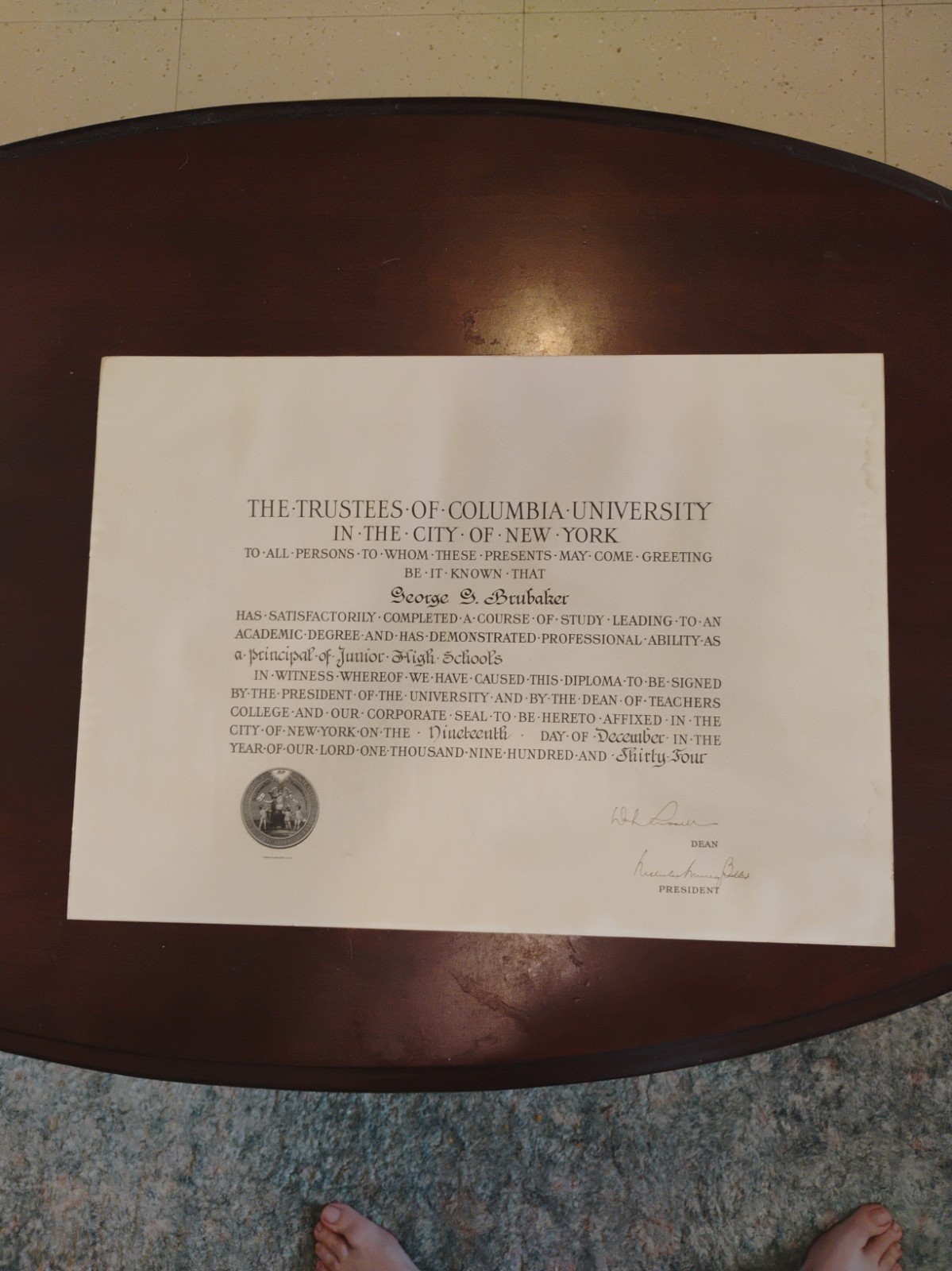 1934 Columbia University Diploma George S. Brubaker Principal Of Jr. High School