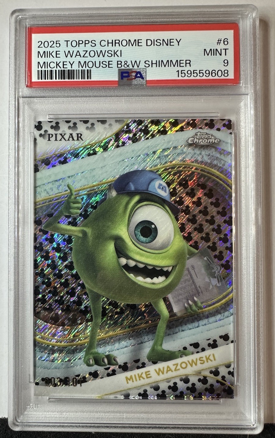 2025 Disney Topps Chrome Mike Wazowski #6 Mickey Mouse B&W Shimmer /101 PSA 9