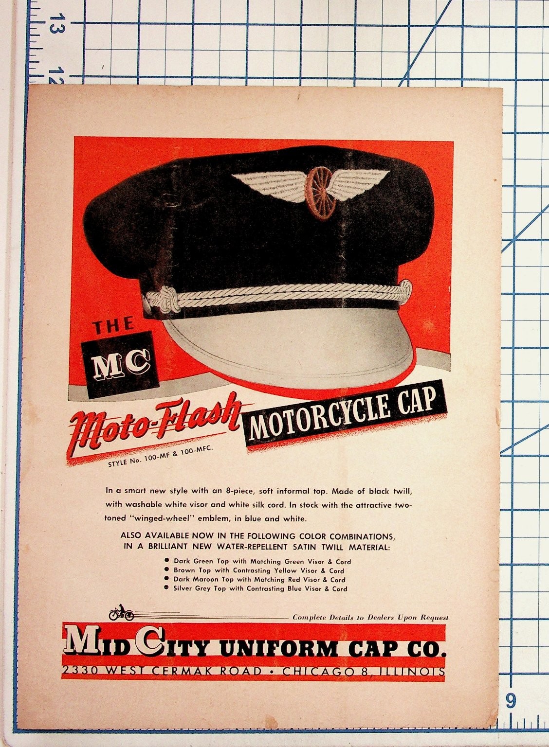Vintage Moto-Flash Motorcycle Cap Ad Chicago Illinois Ephemera