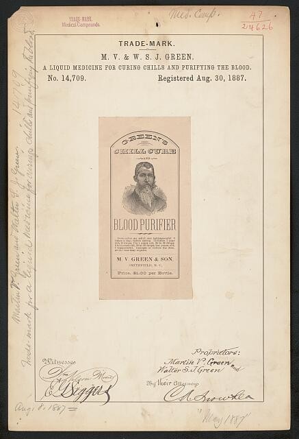 M V W S J Green 1887 Green\'s Chill Cure Blood Purifier Trademark Registration