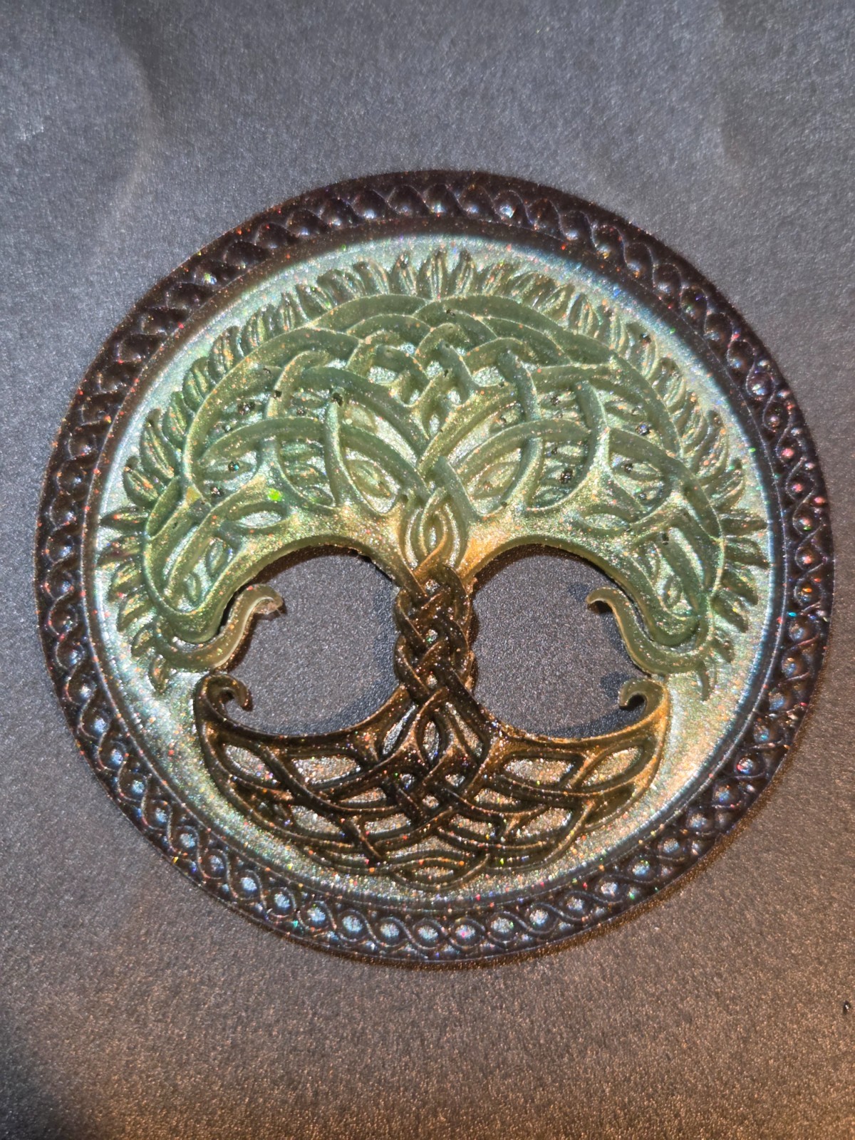 Handmade Resin Tree of Life Refrigerator Magnet Green Gold Glitter OOAK