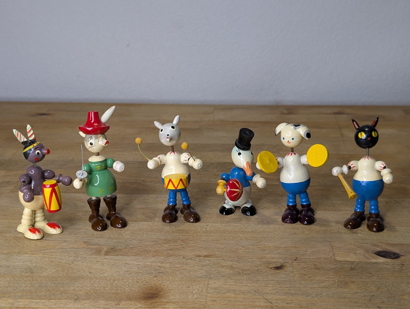 6 VTG Goula Spain Wood Figure Nodder Bobblehead Cat, Rabbit, Duck, Mouse, Indian