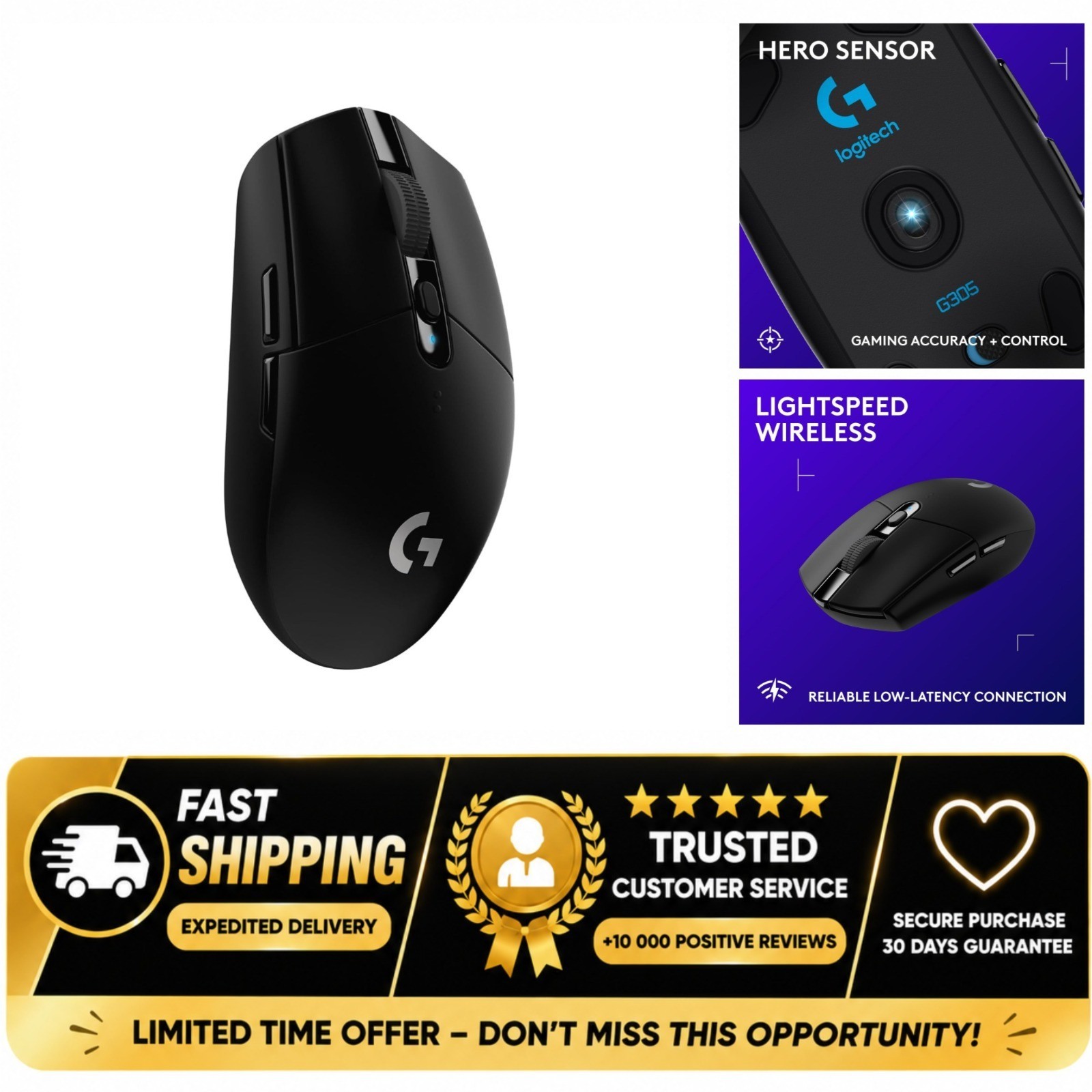 Logitech G305 LIGHTSPEED Wireless Gaming Mouse Black HERO 12000 DPI