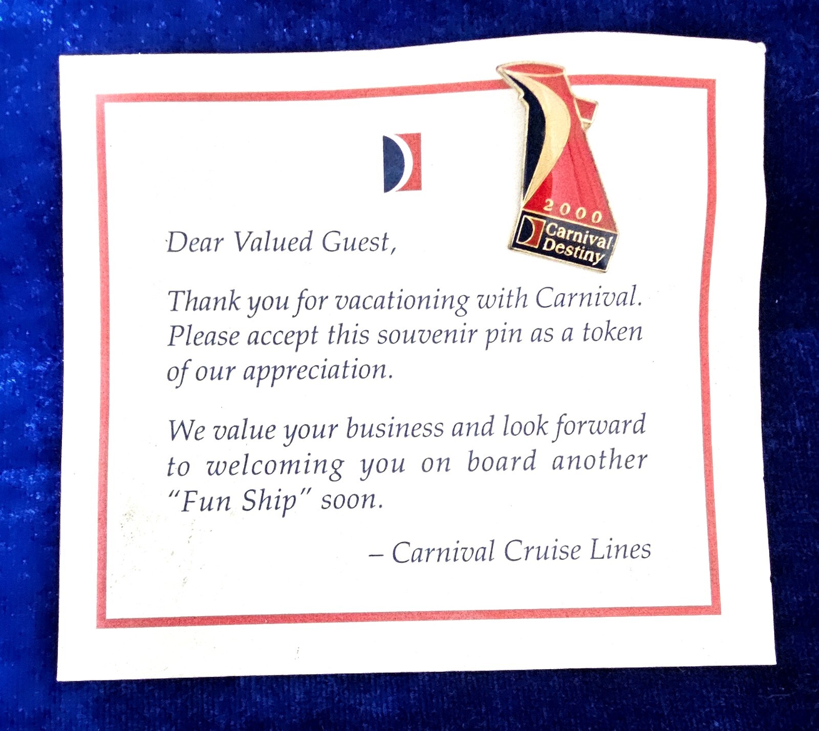 Carnival Cruise ship Destiny 2000 Enamel Cruise Lapel Hat Pin on original card