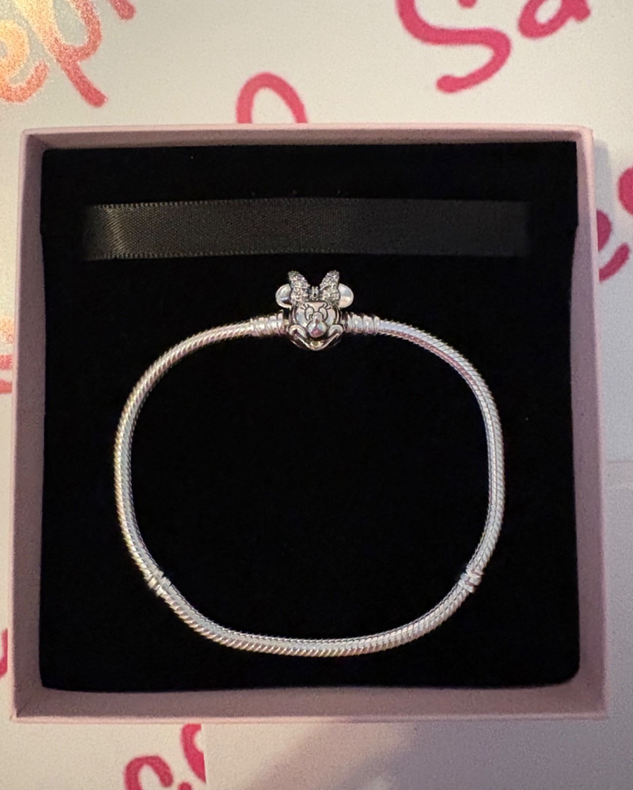 NEW Authentic Pandora Disney MINNIE MOUSE Pavé Snake Chain Charm Bracelet 7.9