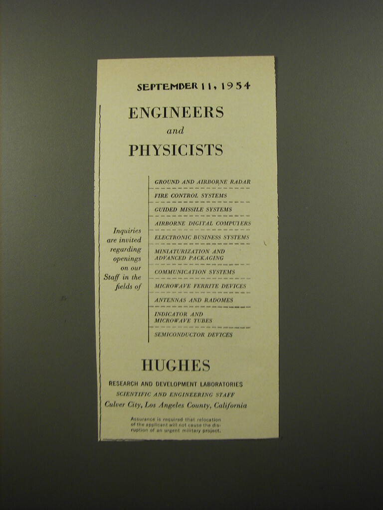 1954 Hughes Research and Development Laboratories Advertisement
