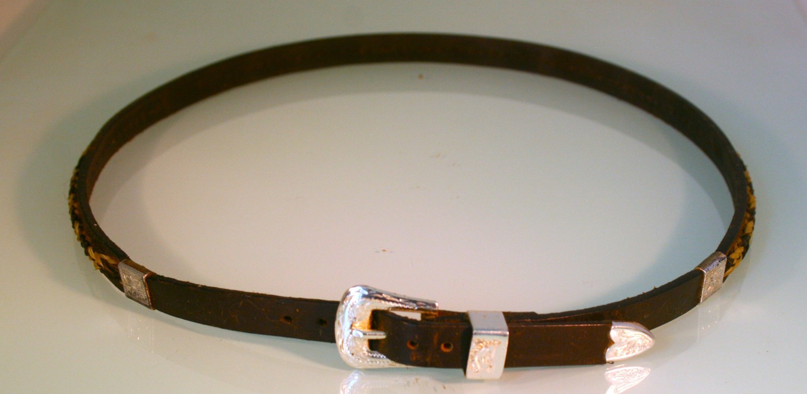 VINTAGE LEATHER HORSEHAIR DESIGN AND STERLING SILVER BUCKLE COWBOY HAT BAND