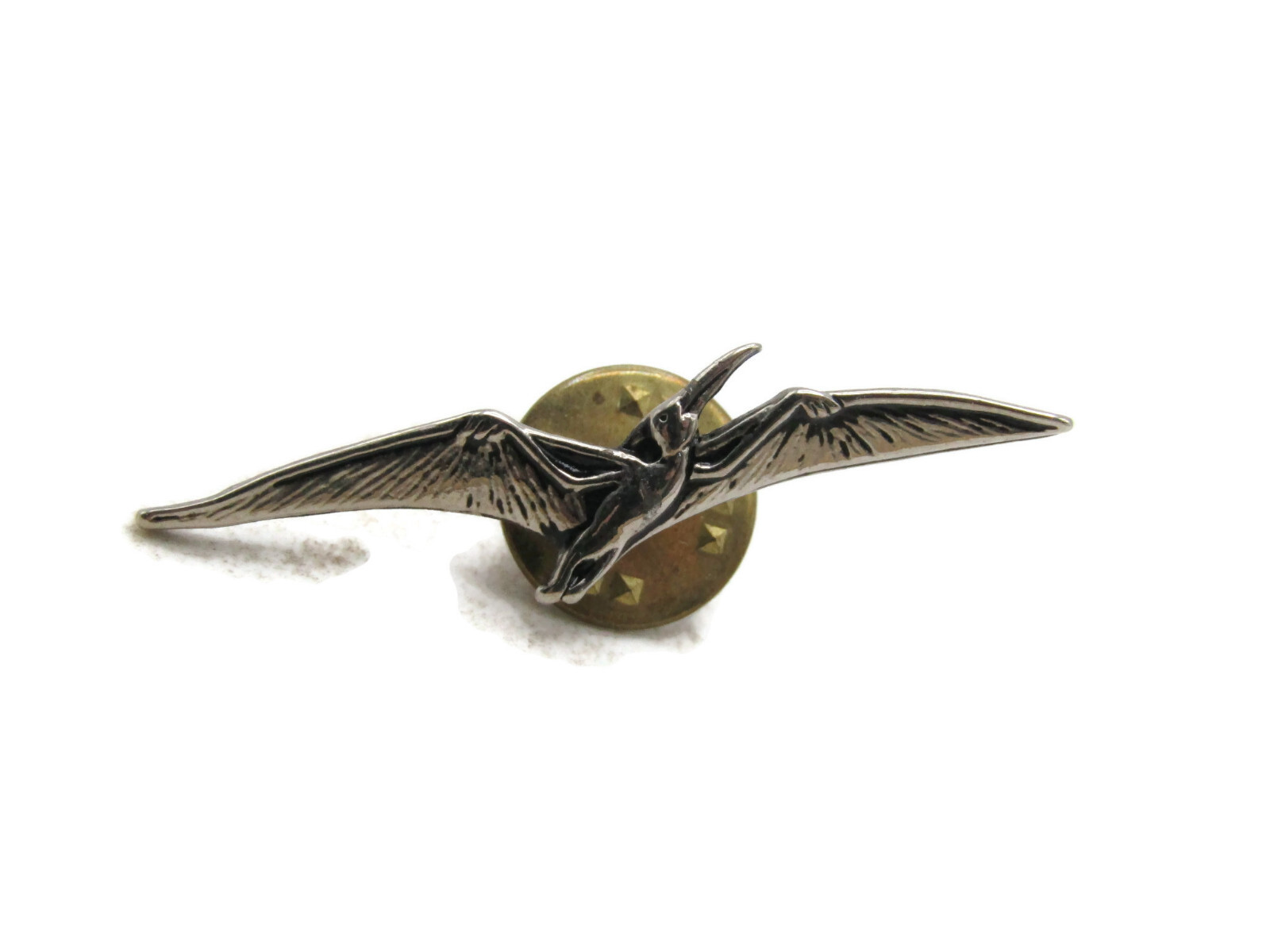 Vintage Pterodactyl Pin Silver Tone Flying Dinosaur Pterosaur Lapel Tack Brooch