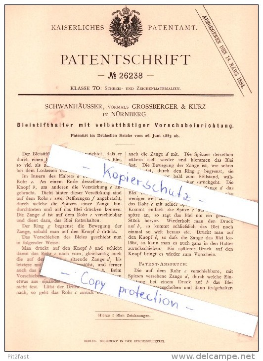 Original patent Schwanhäusser, formerly Grossberger & Kurz in Nuremberg, 1883,