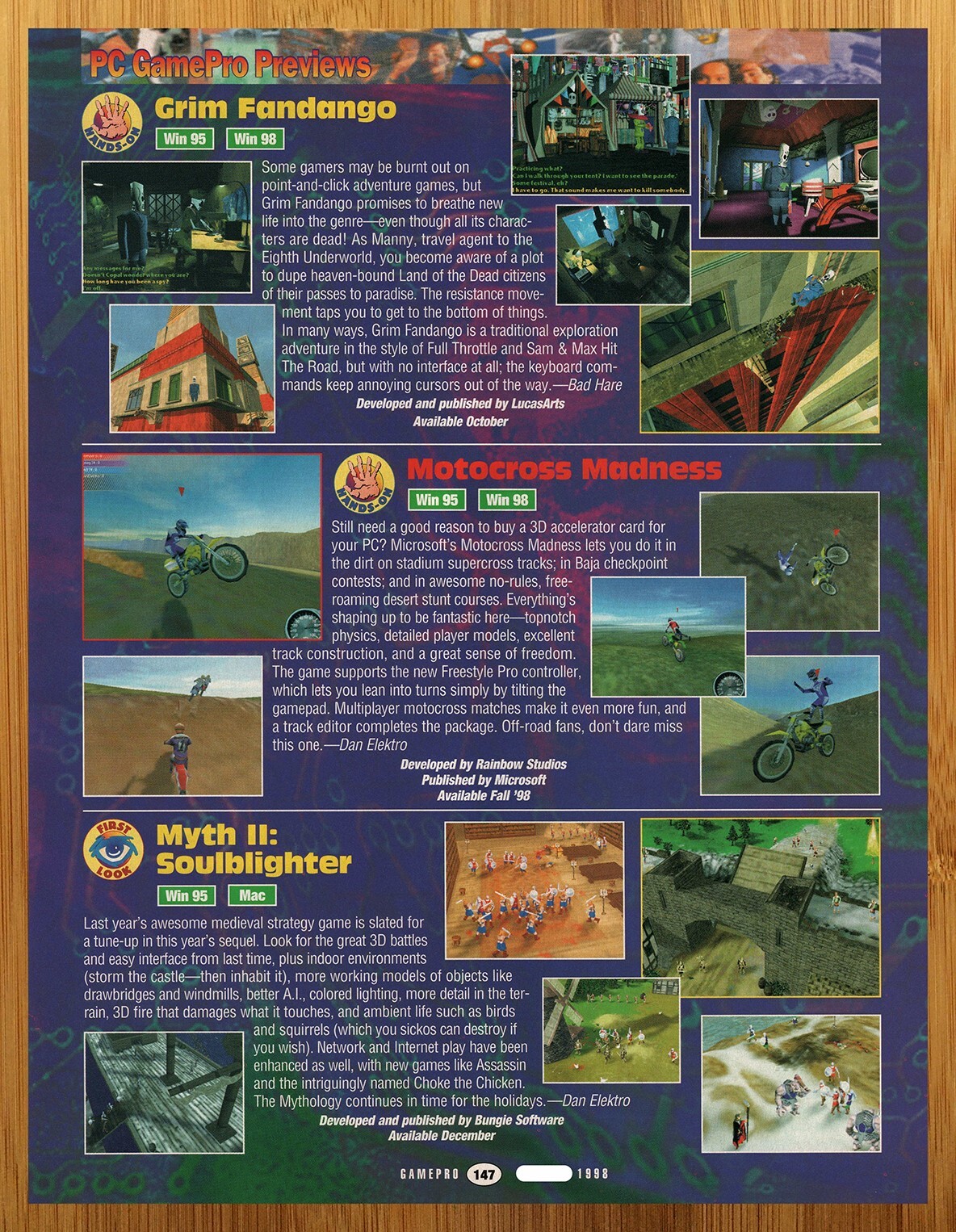 1998 Grim Fandango/Motocross Madness/Myth II 2 PC PREVIEW Print Ad/Poster Art