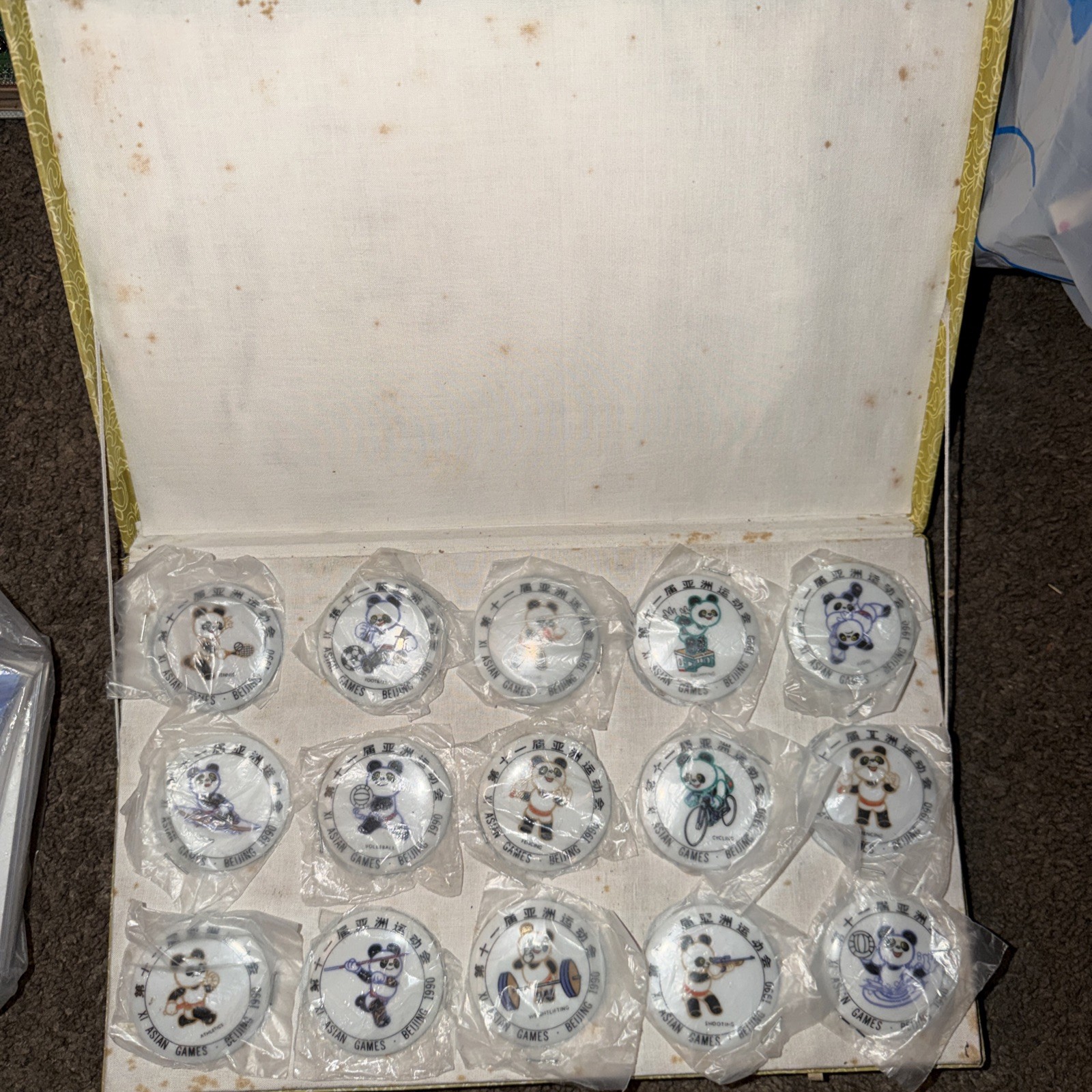 Vintage 1990 Beijing XI Asian Games Pan Pan Panda Boxed Ceramic Badge Pin Set 