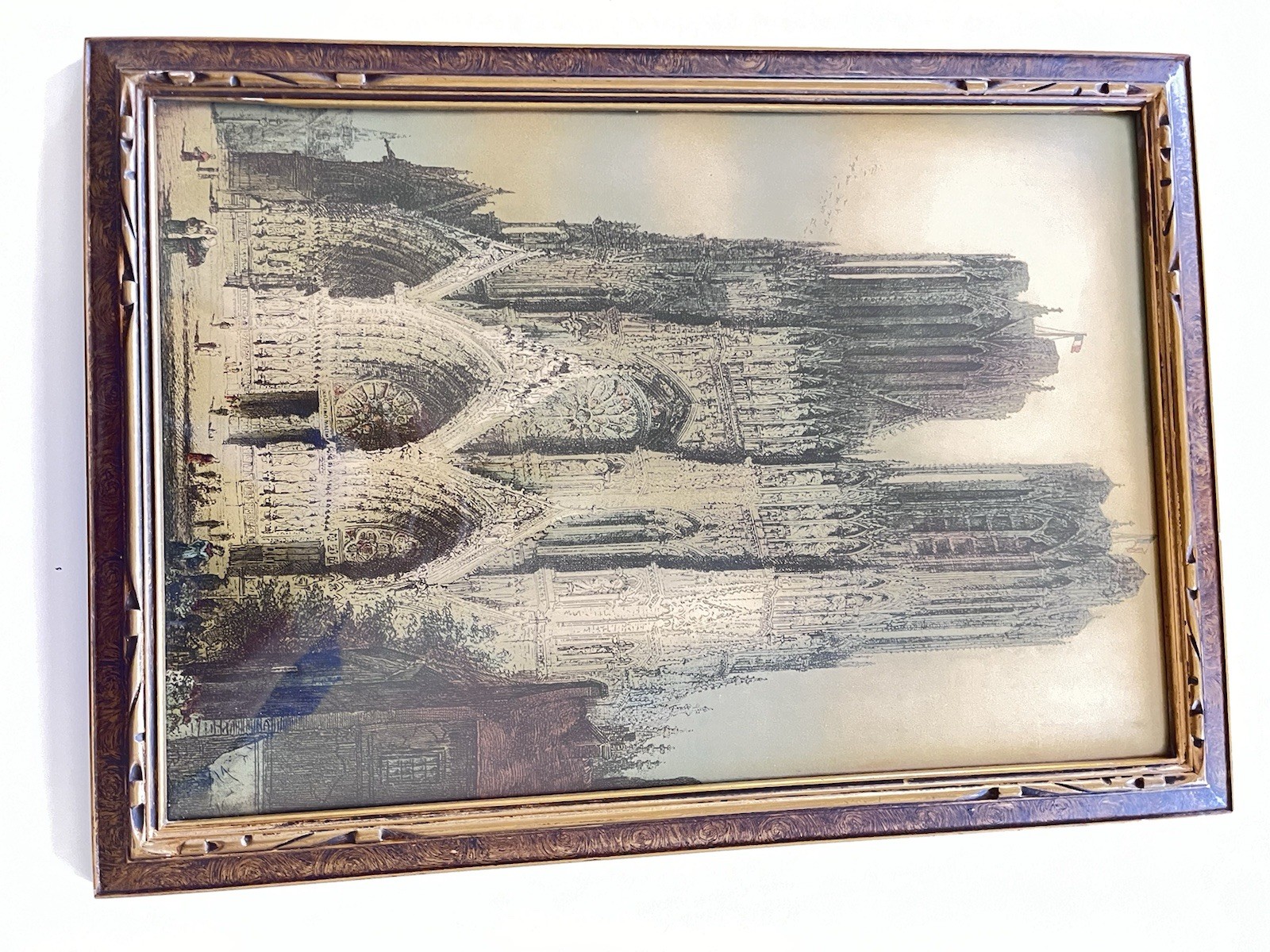 The Image Shows An Antique Framed Print of The Reims Cathedral France