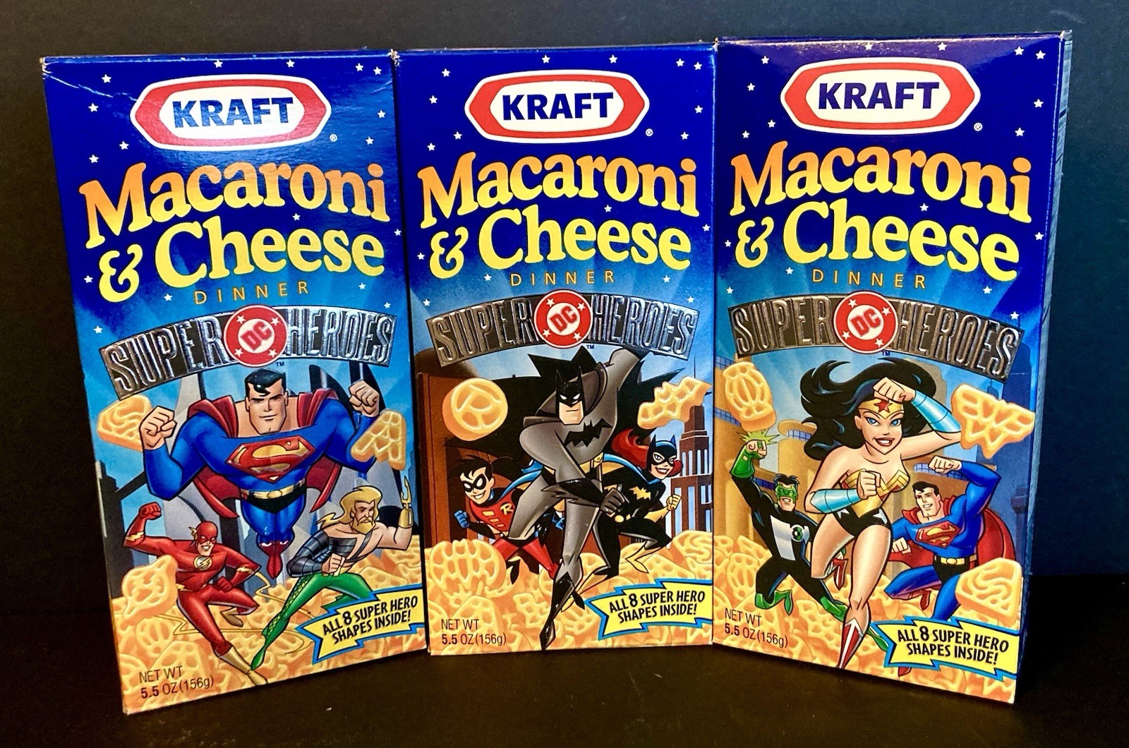 DC Superheroes 3 Lot of Kraft Macaroni & Cheese Boxes with Superman, Batman & WW