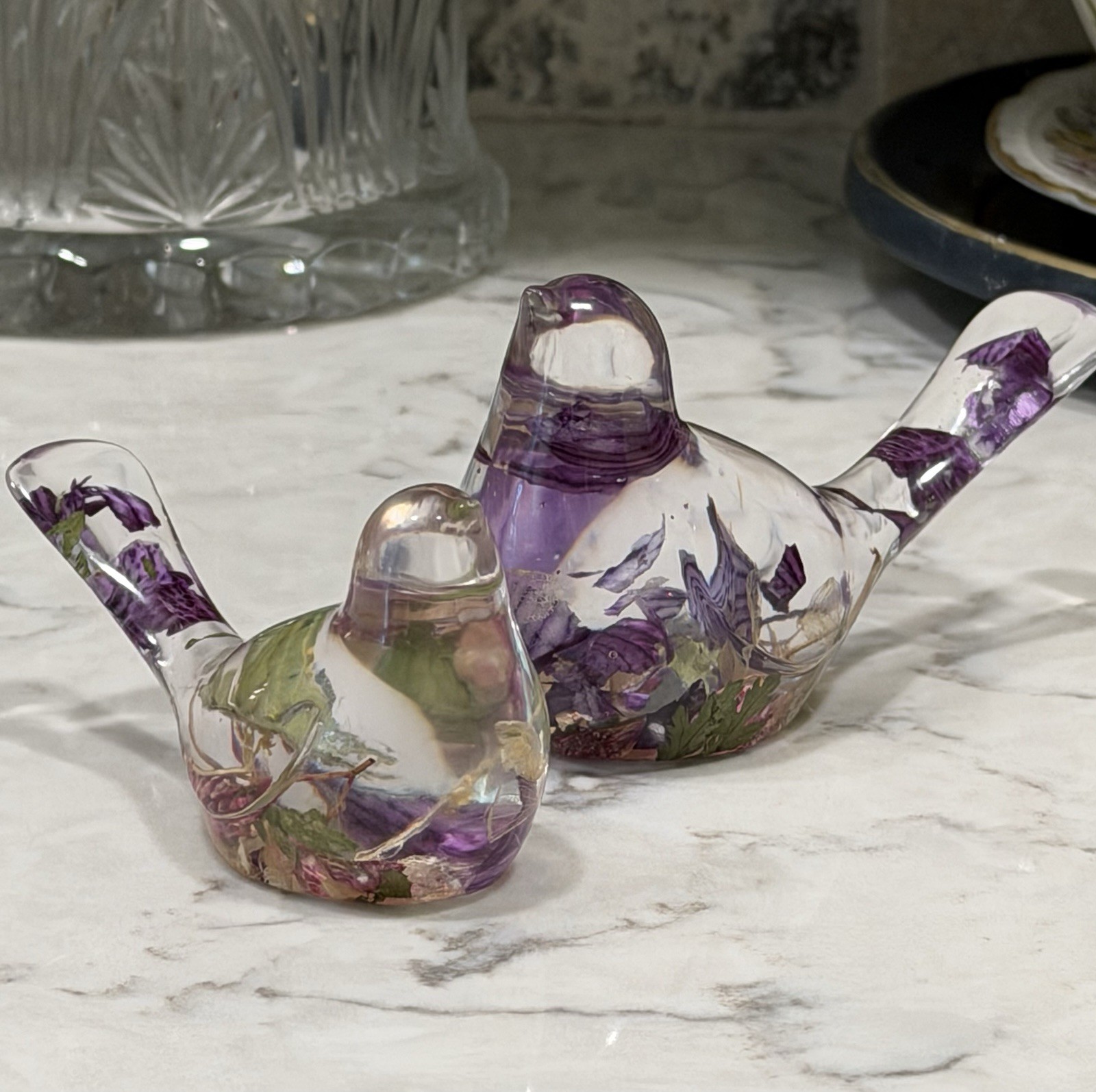 Handcrafted Resin Bird Figurines Set 2 Real Pressed Purple Flowers Decor
