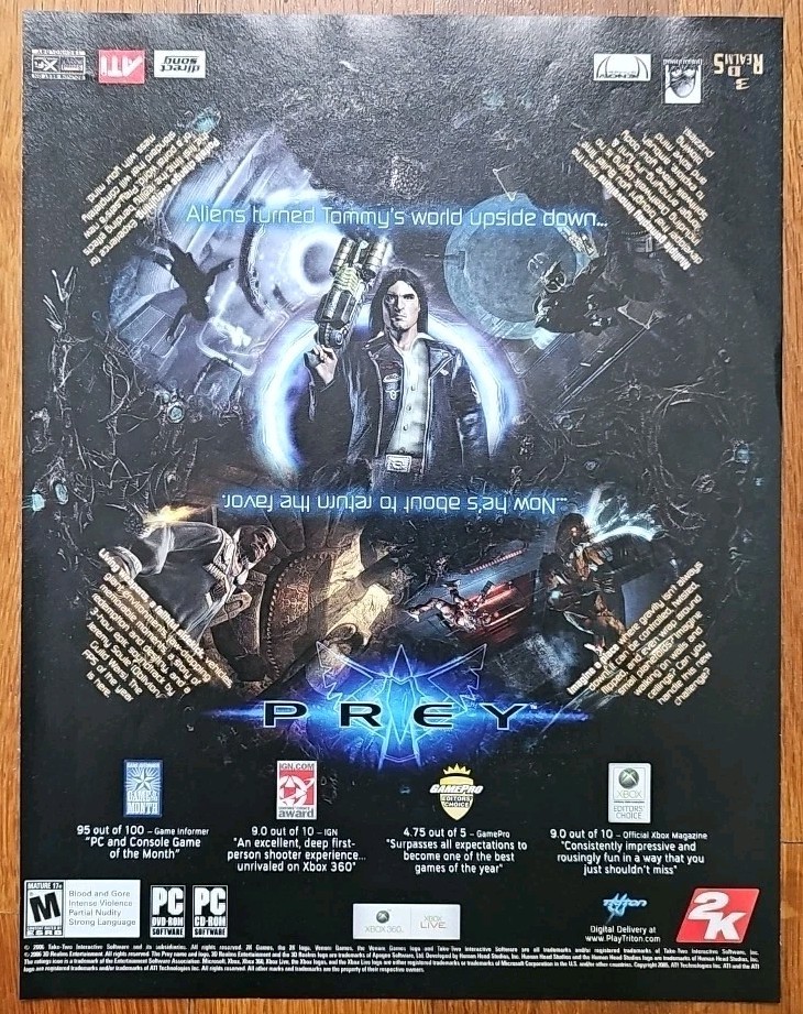 2006 Prey Microsoft Xbox 360 PC Upside Down Original Print Ad - 8.75