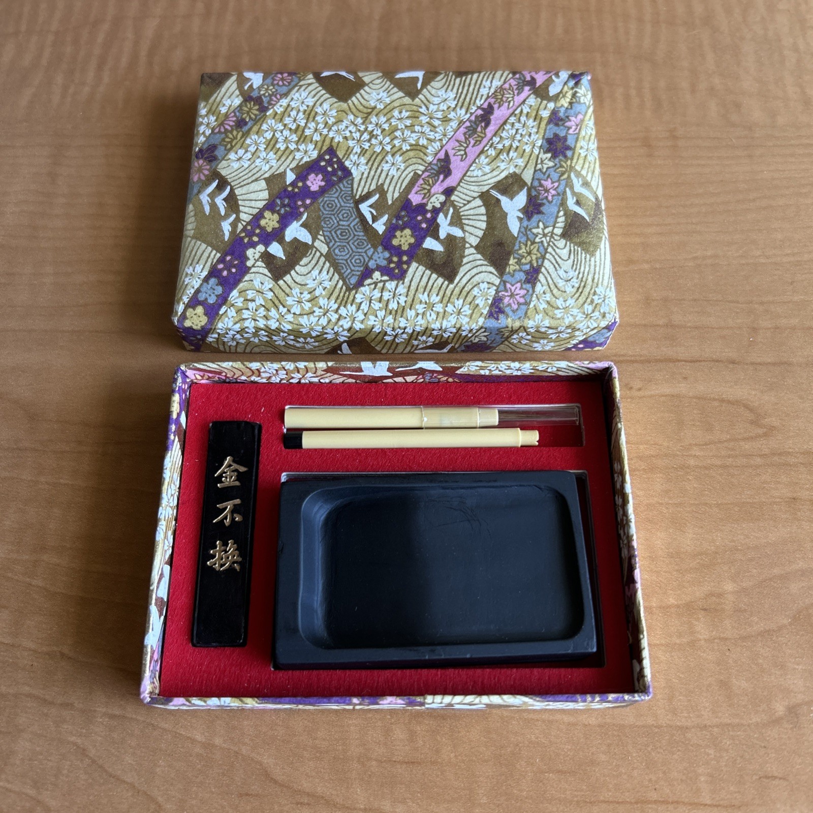Japanese Portable Calligraphy Set Inkstone Ink Stick Brush Beautiful Gift Box