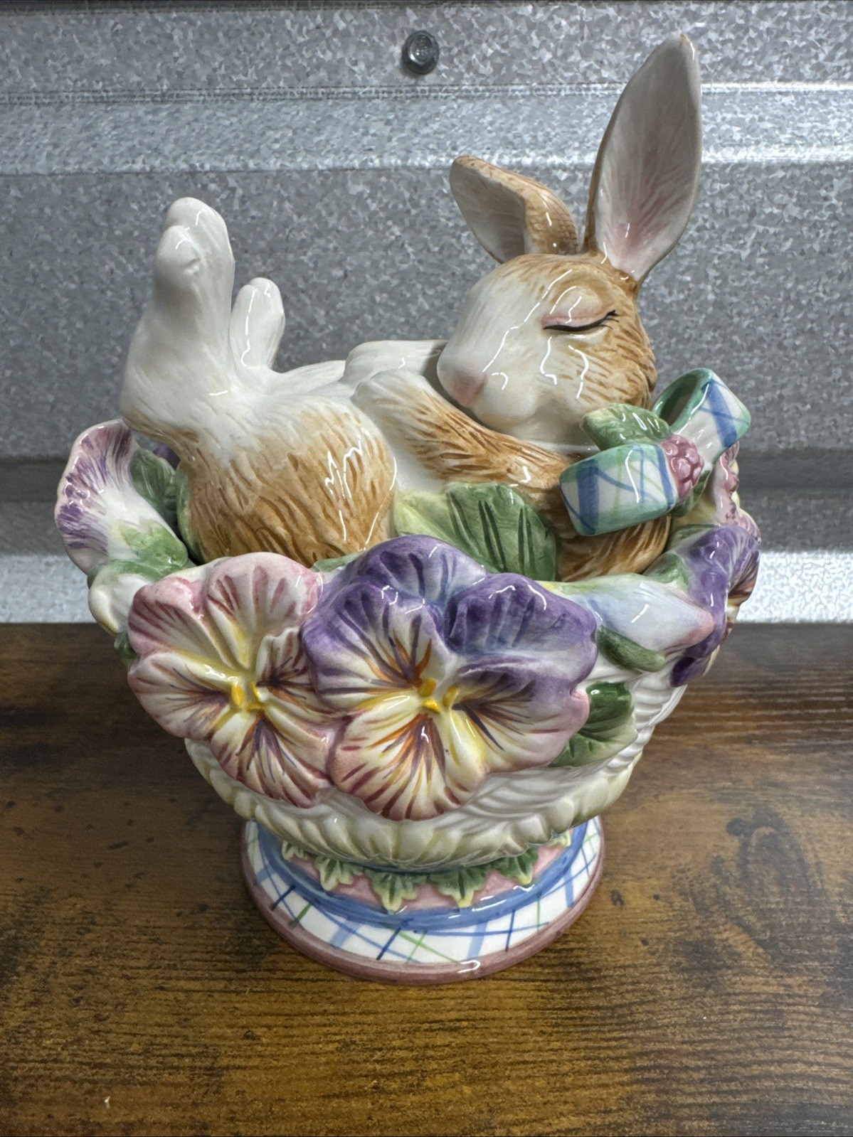 RARE Fitz & Floyd Halcyon SLEEPING Bunny Rabbit Basket Easter Floral Spring VTG