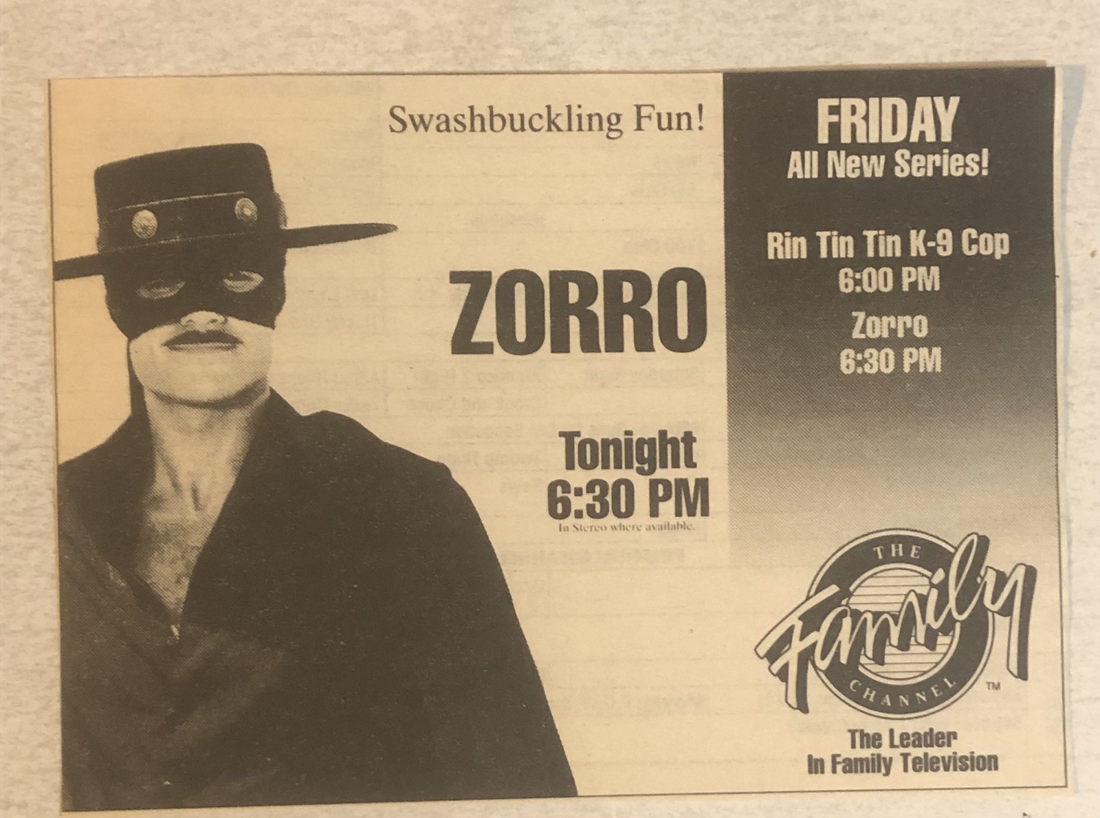 Zorro The Family Channel Vintage Print Ad Advertisement Tpa31