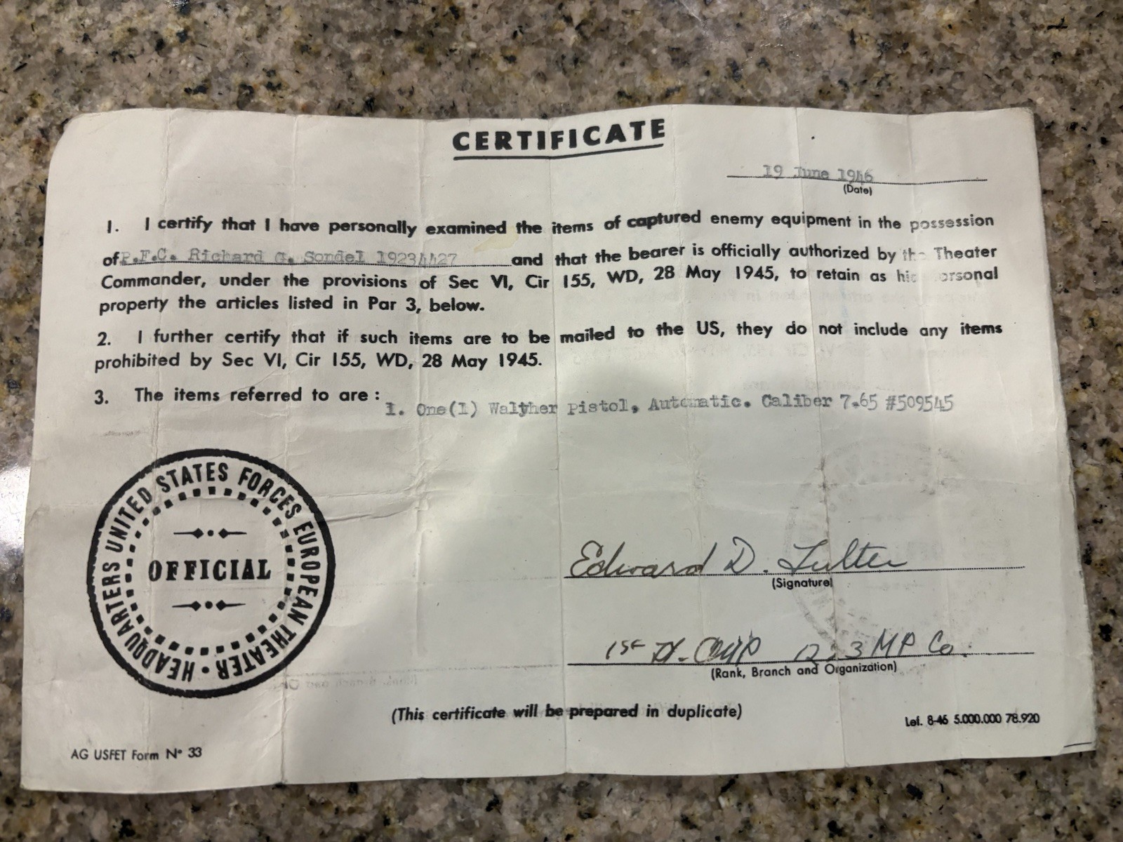 Original WWII US Capture Paper Certificate For WALTHER  7.65 Pistol PAPER ONLY