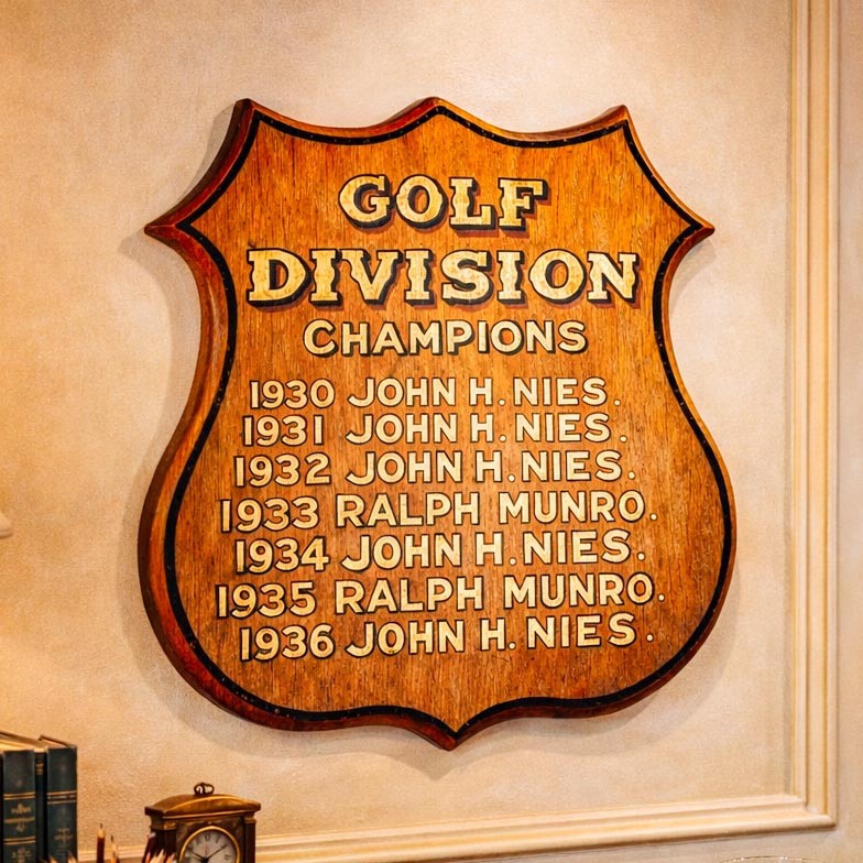 Neat Hand Painted Antique Trophy Shield Wood Plaque Golf Championship Wall Decor