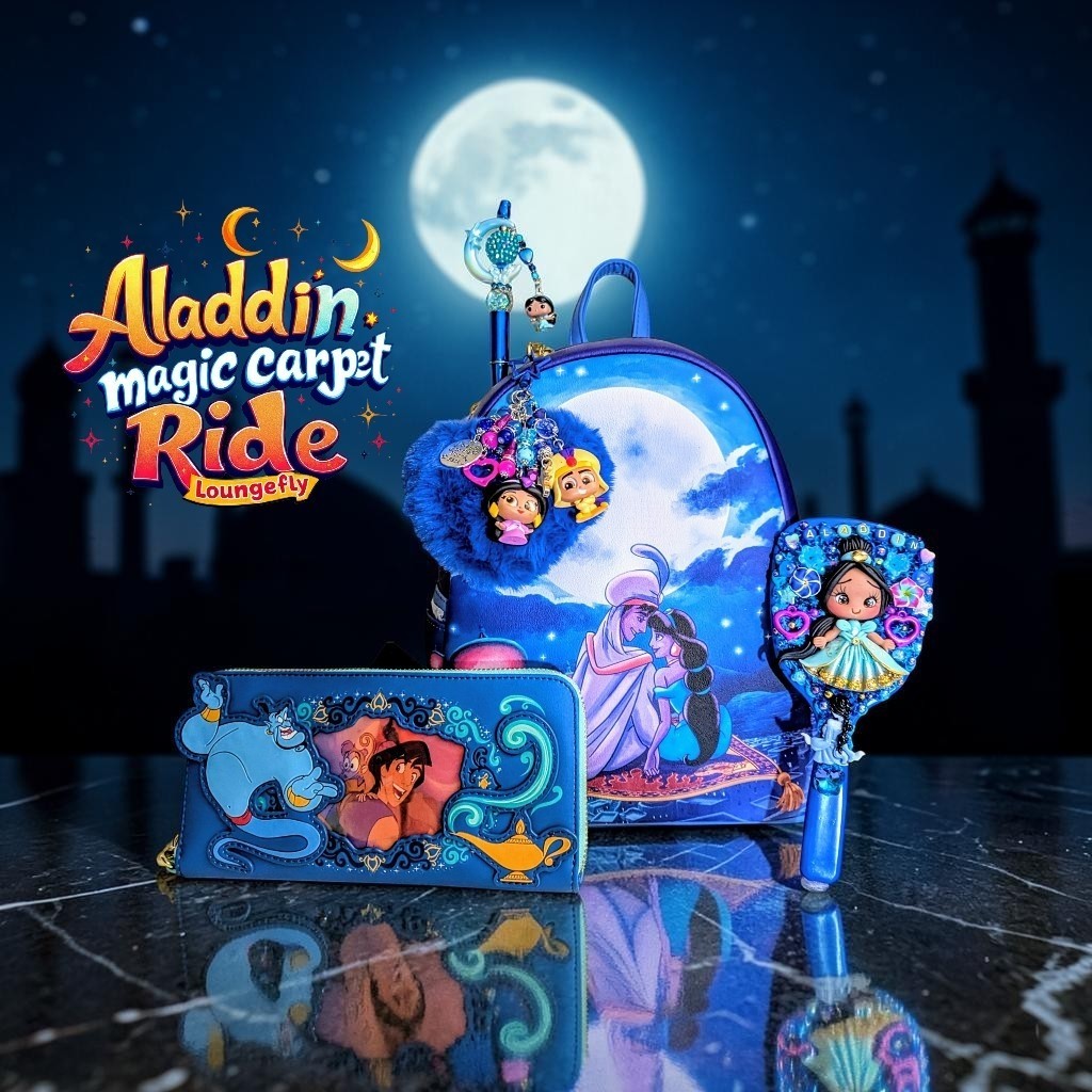 Loungefly Disney Aladdin Magic Carpet Ride Mini Backpack,Wallet,Charm,Mirror&PEN