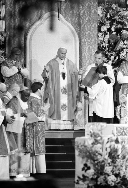 Pope John Paul II accompanied by Cardinal Basil Hume during celebr- Old Photo